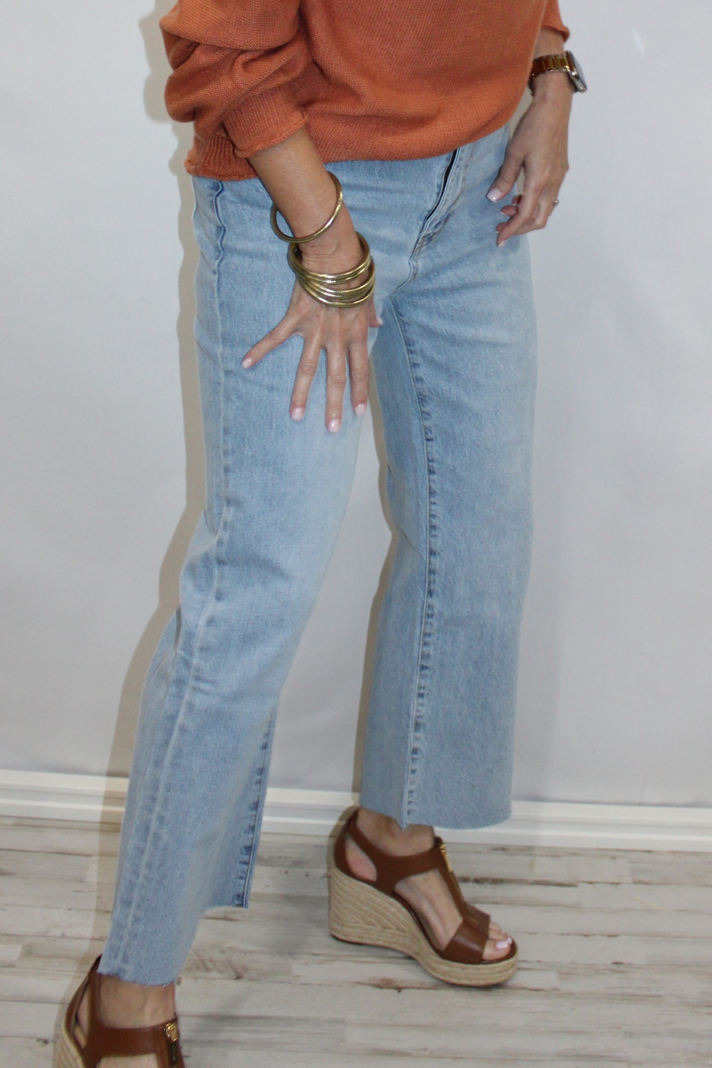 Aberdeen Ankle Crop High Rise Jeans, Light Indigo Worn