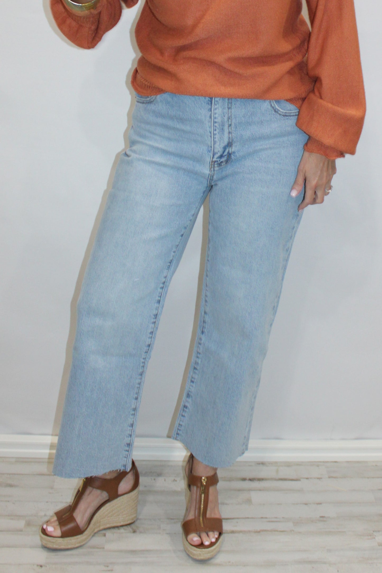 Aberdeen Ankle Crop High Rise Jeans, Light Indigo Worn