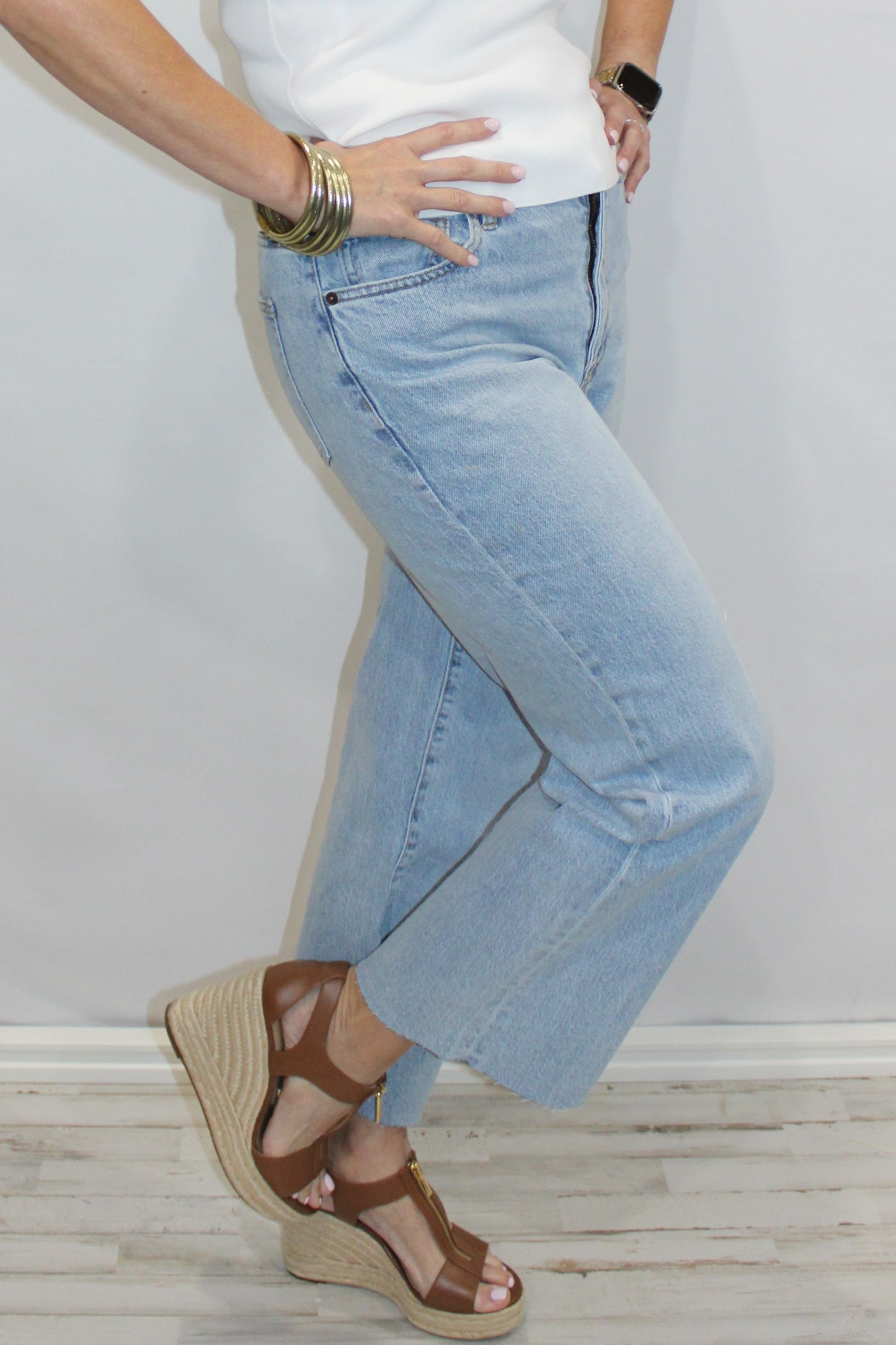 Aberdeen Ankle Crop High Rise Jeans, Light Indigo Worn