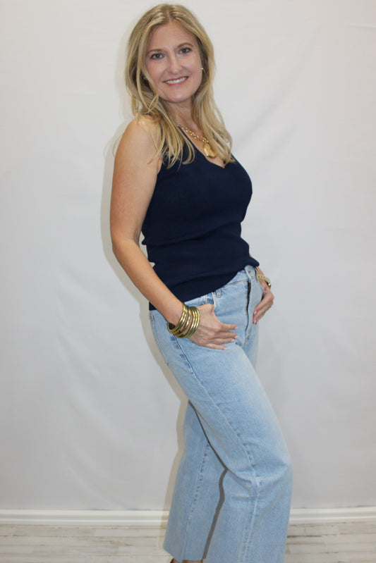Sleeveless V-neck Sweater Top: Navy