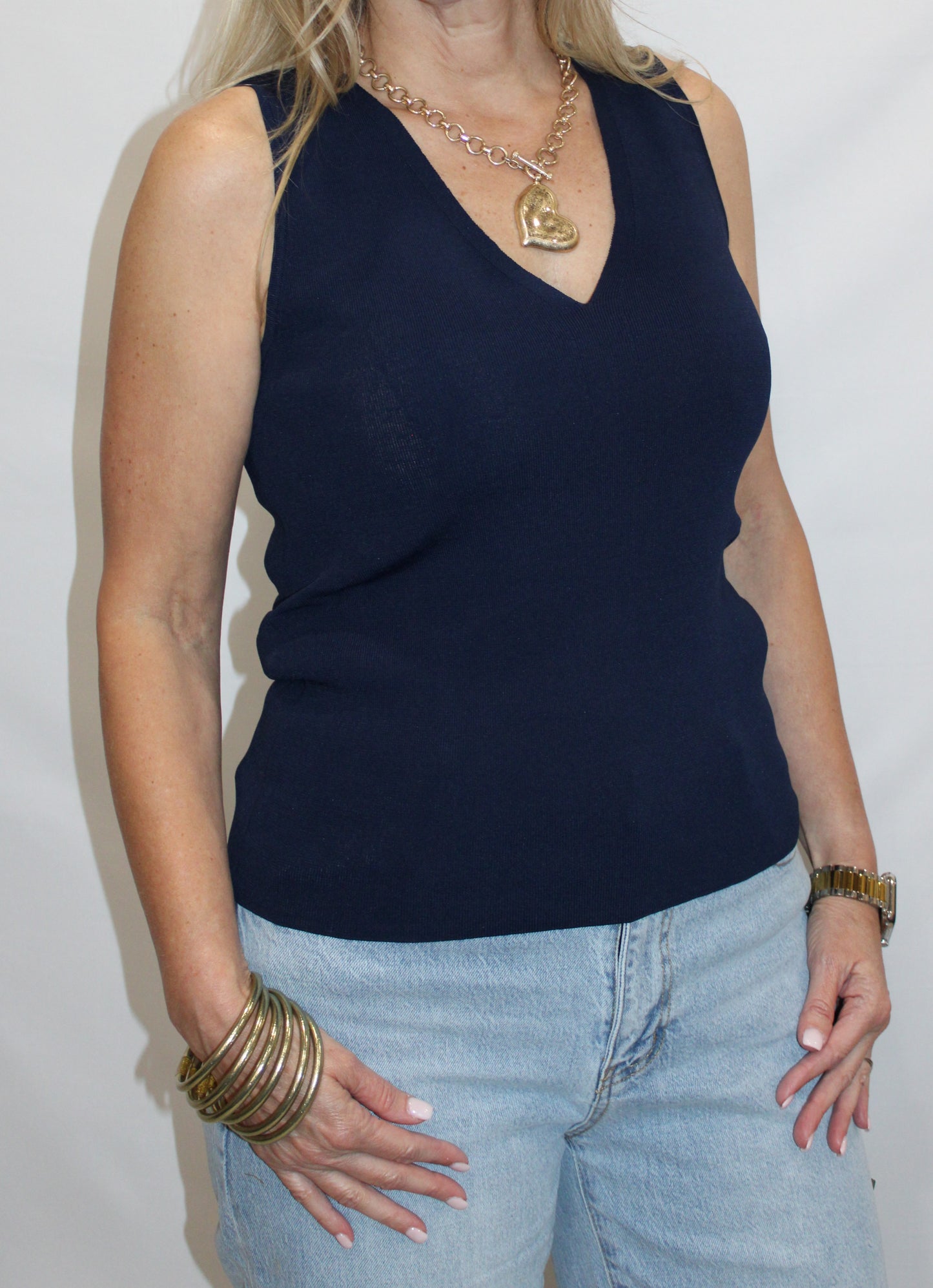 Sleeveless V-neck Sweater Top: Navy