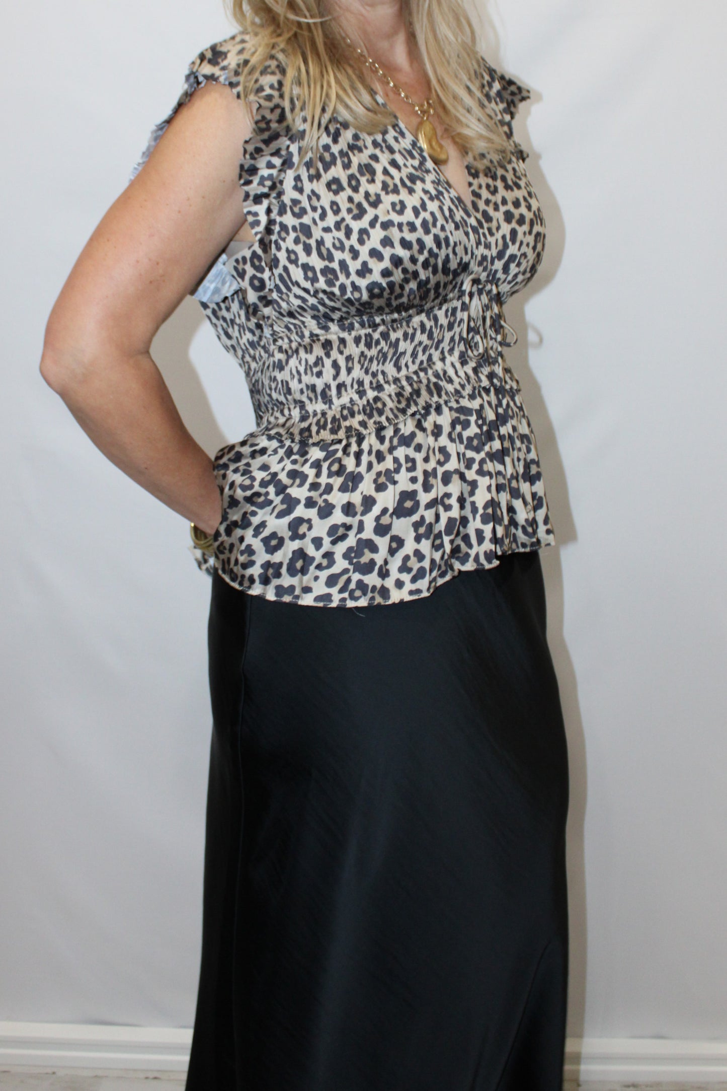 Smocked V-Neck Peplum Blouse - Leopard: Leopard