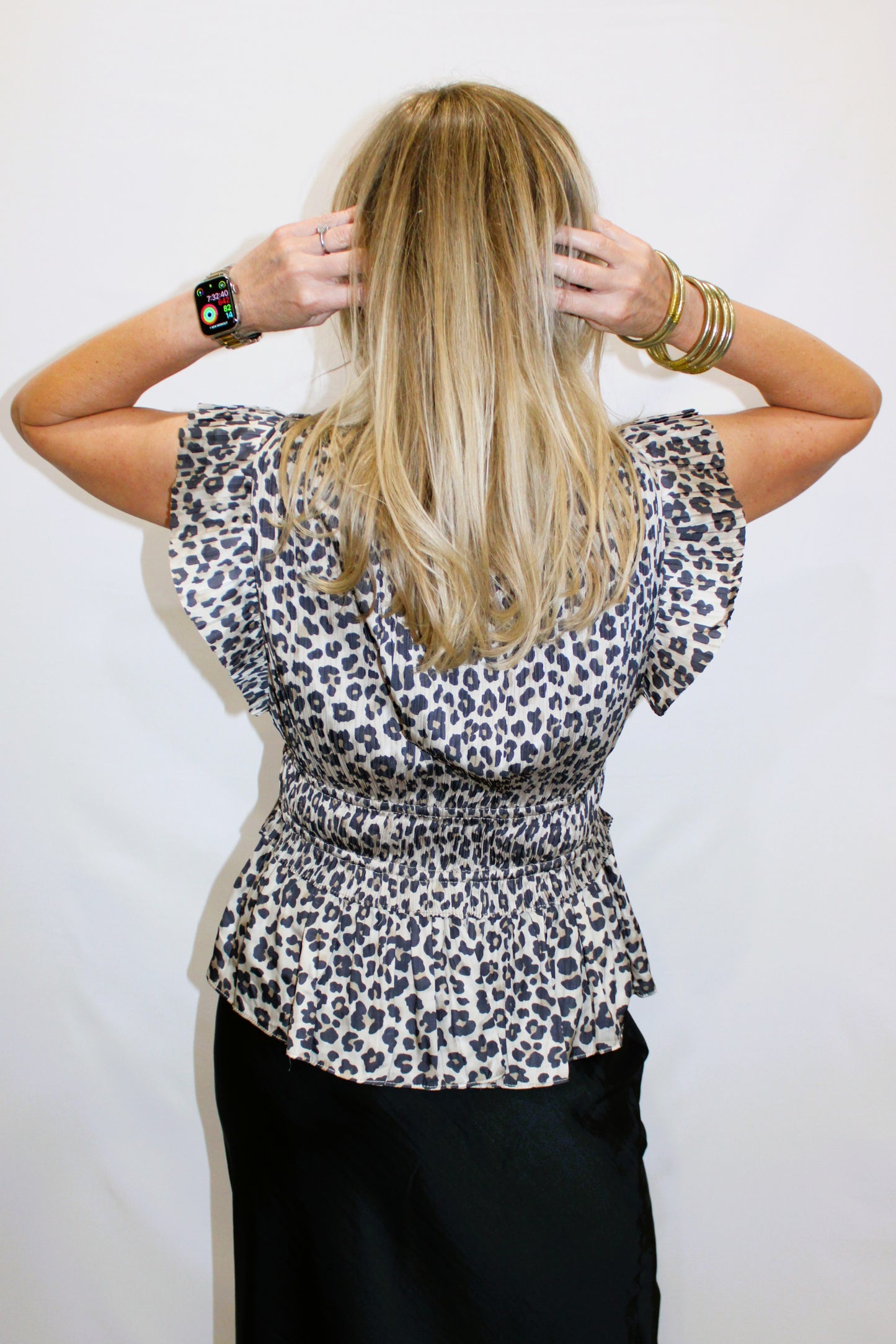 Smocked V-Neck Peplum Blouse - Leopard: Leopard