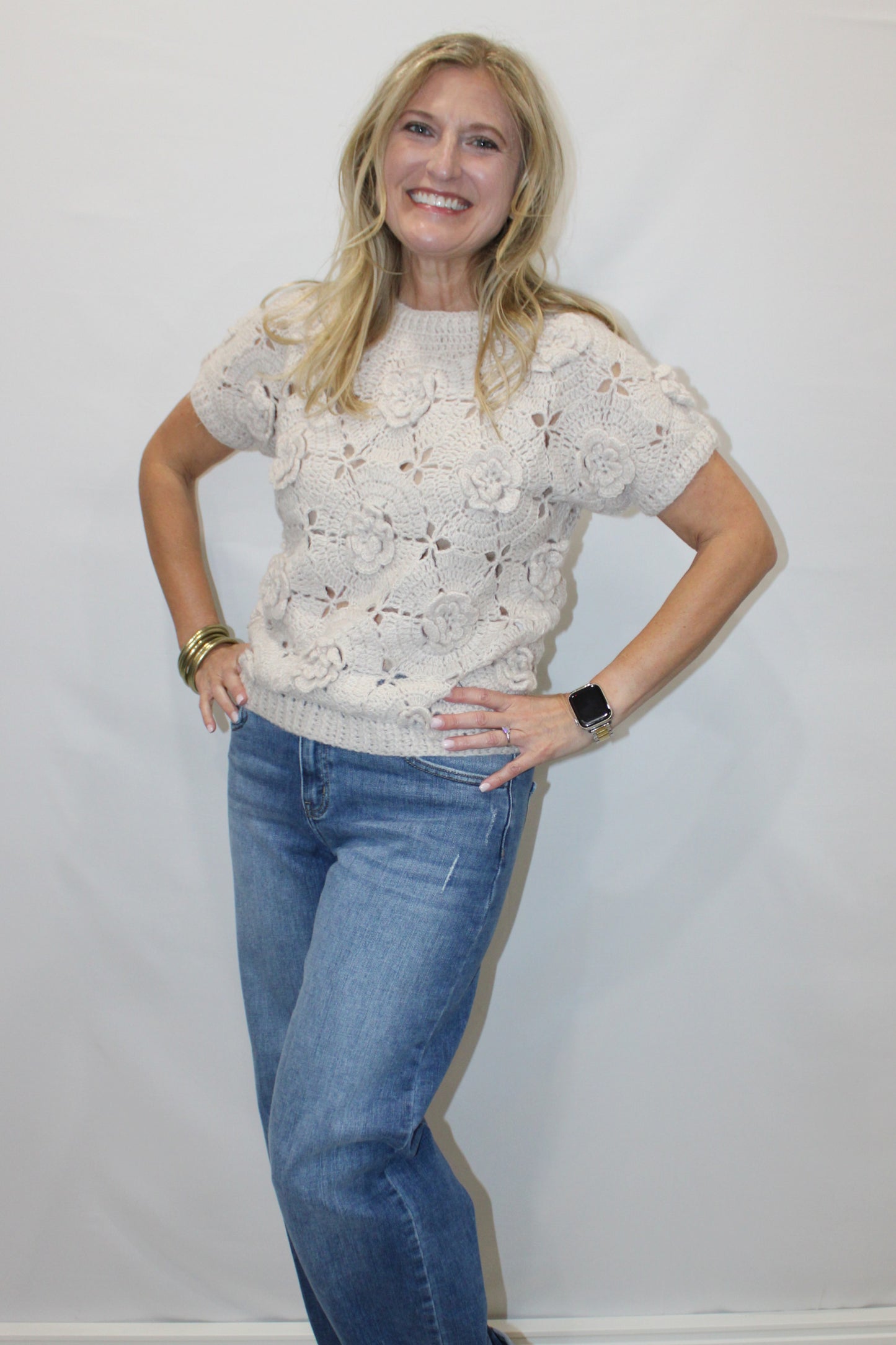 Handmade Flower Crochet Short Sleeve Sweater: Ivory