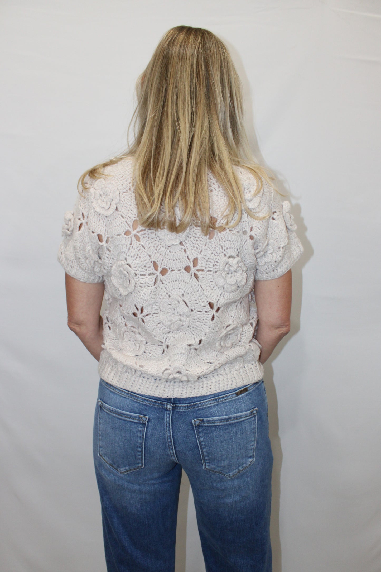 Handmade Flower Crochet Short Sleeve Sweater: Ivory