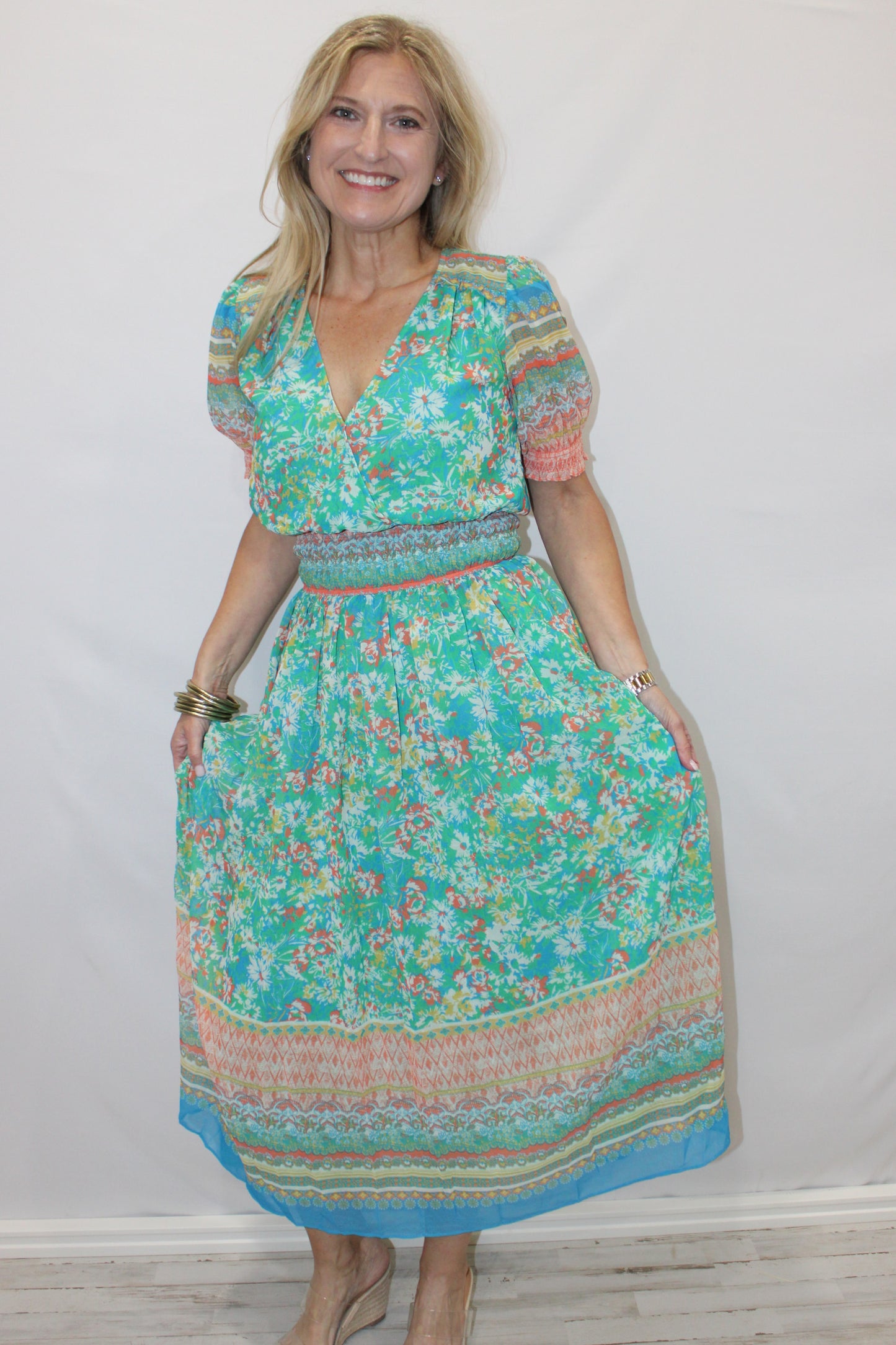 Floral Border Print Surplice Midi Dress: Green Multi
