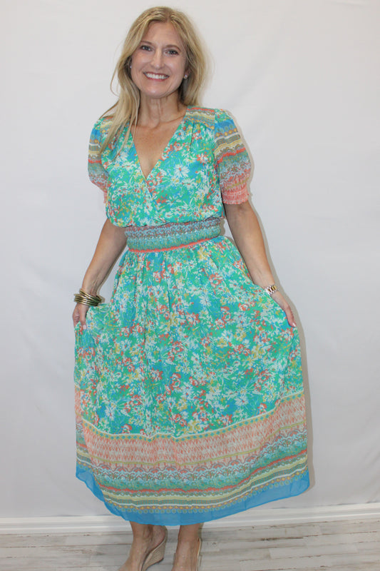 Floral Border Print Surplice Midi Dress: Green Multi