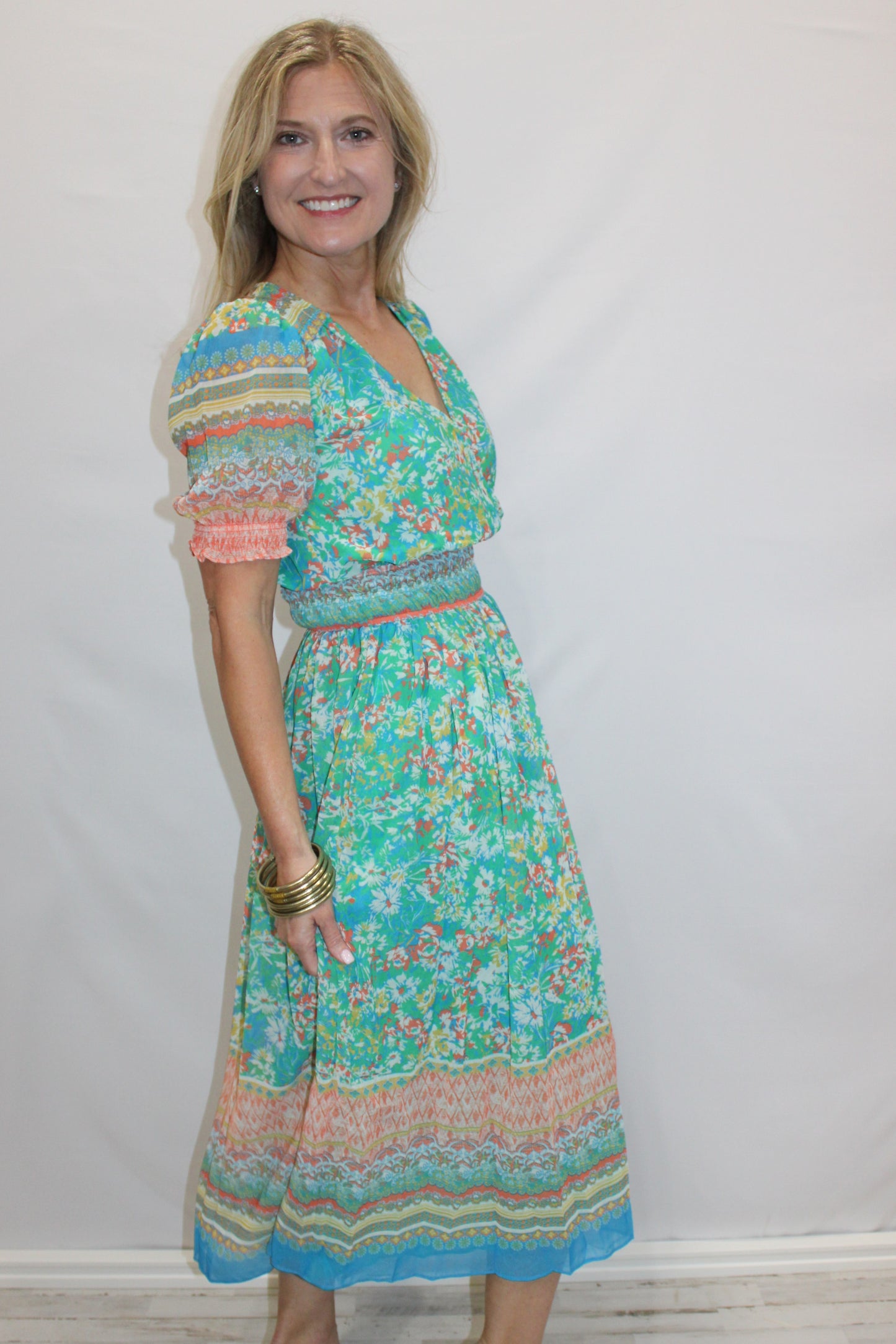 Floral Border Print Surplice Midi Dress: Green Multi