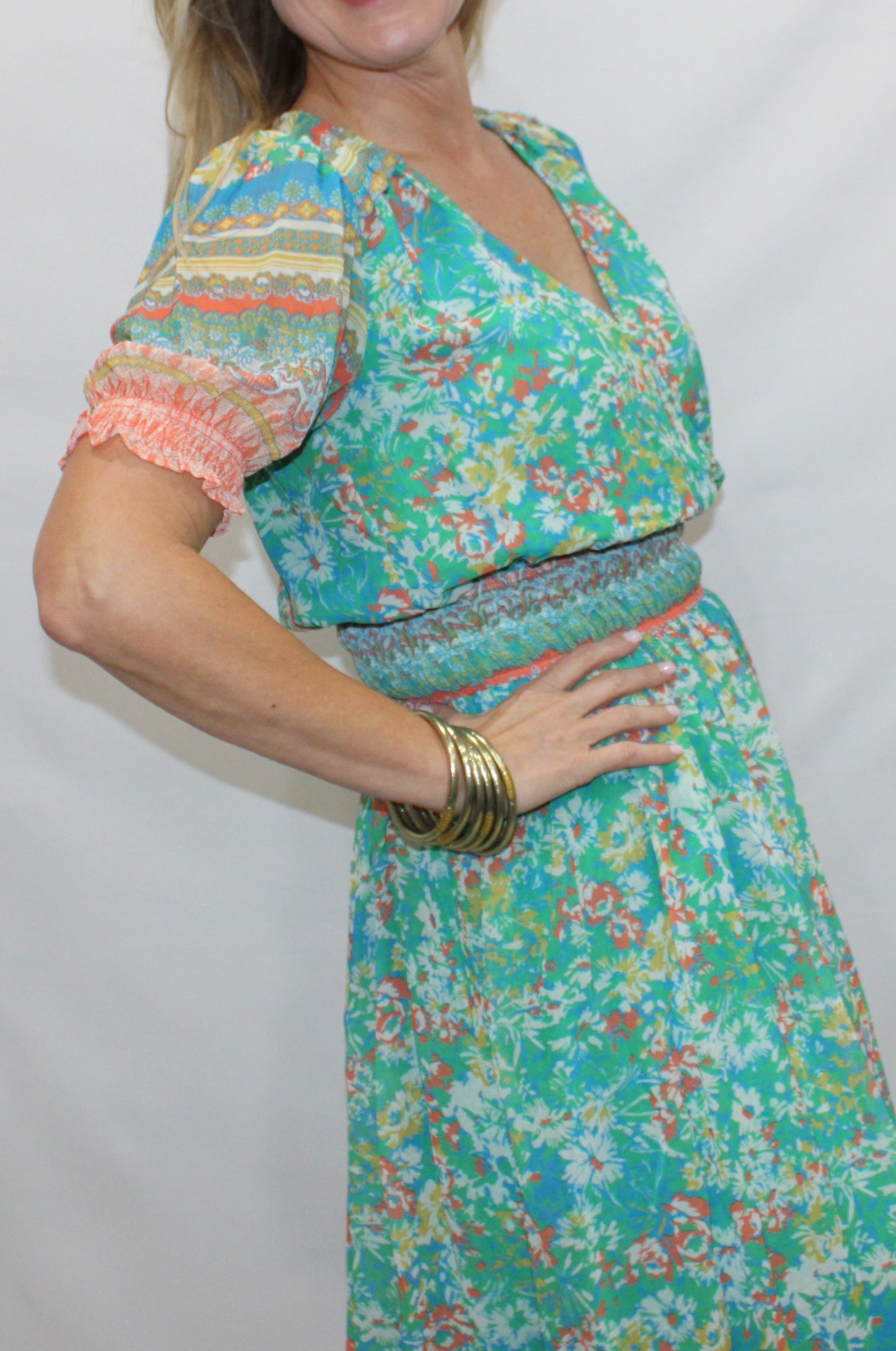 Floral Border Print Surplice Midi Dress: Green Multi