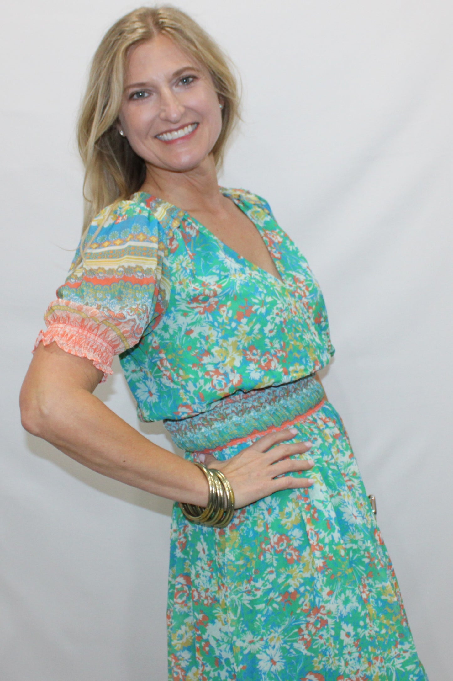 Floral Border Print Surplice Midi Dress: Green Multi