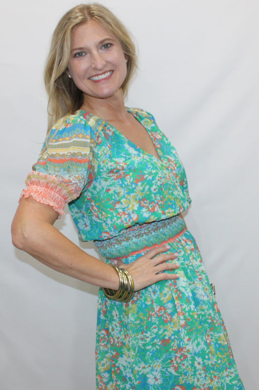 Floral Border Print Surplice Midi Dress: Green Multi