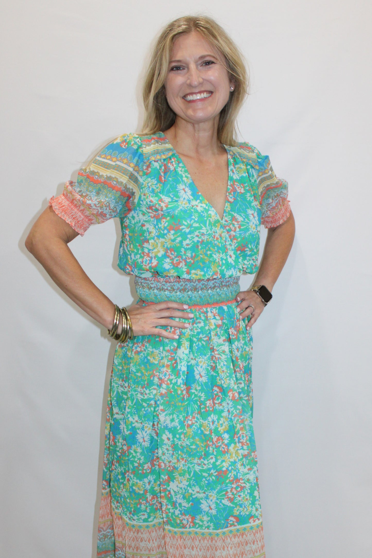 Floral Border Print Surplice Midi Dress: Green Multi