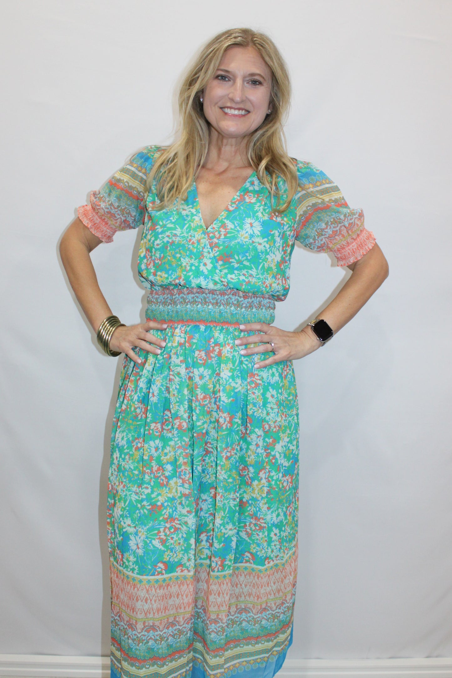 Floral Border Print Surplice Midi Dress: Green Multi