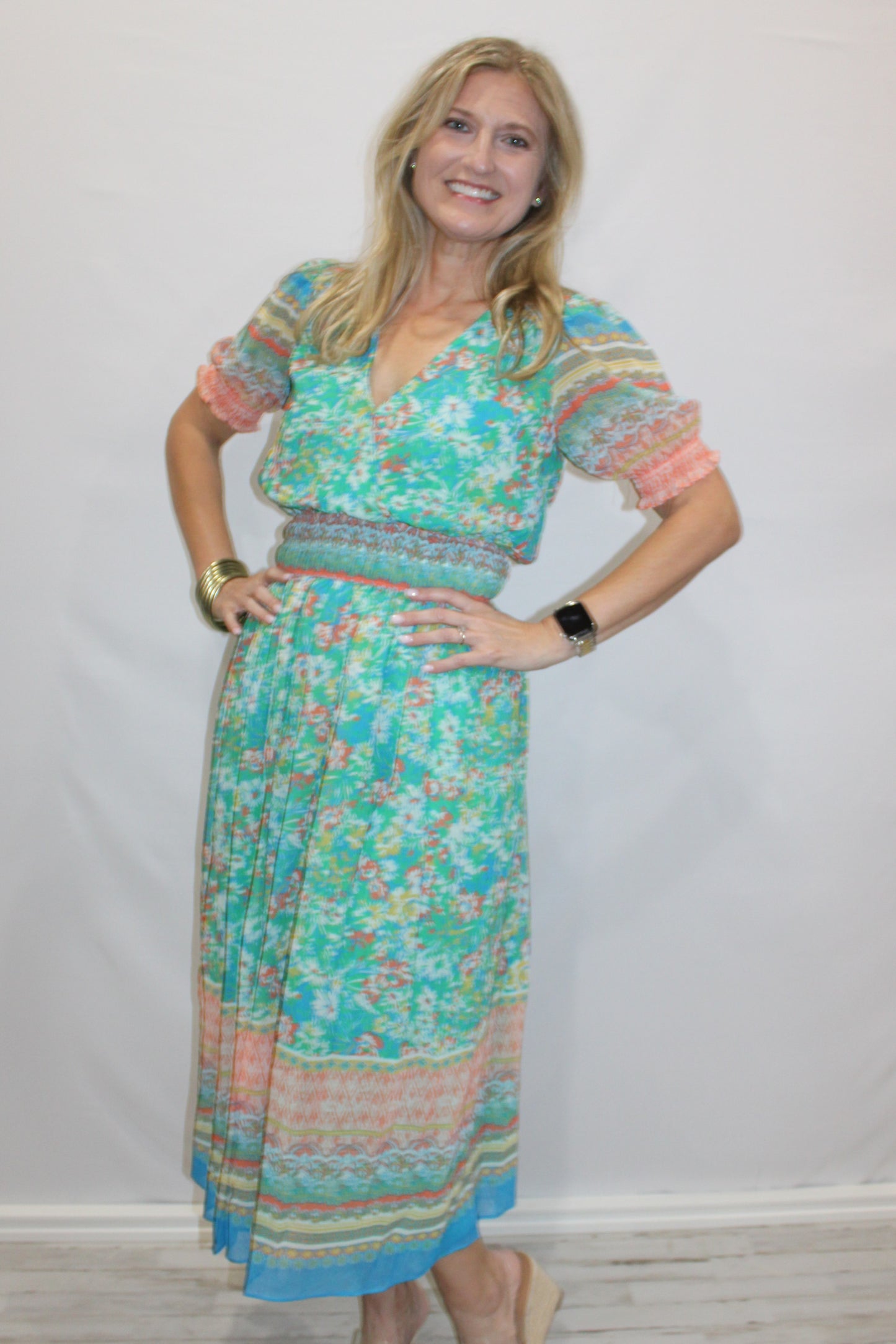 Floral Border Print Surplice Midi Dress: Green Multi