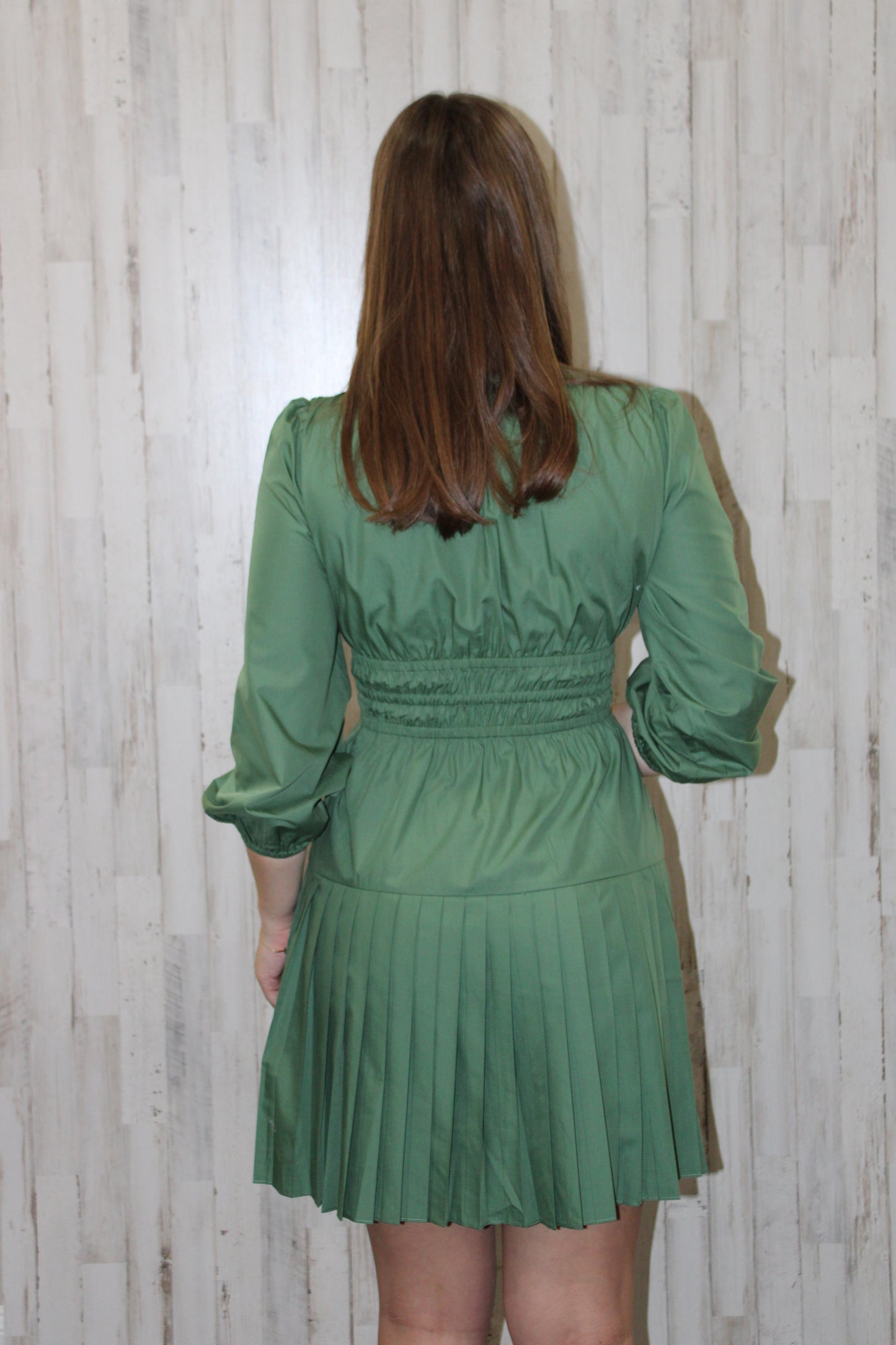 V-Neck Gathered Waist Mini Dress: Dusty Green