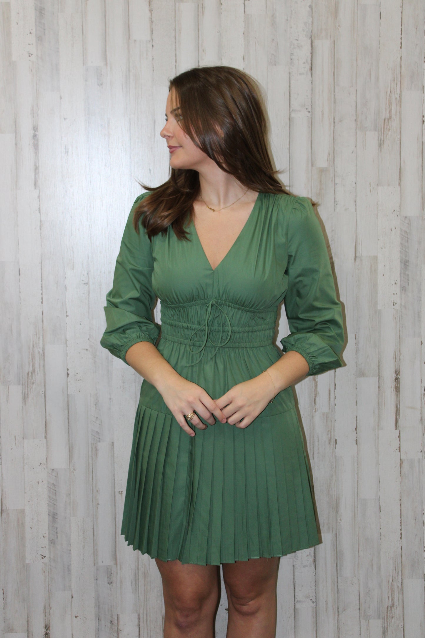 V-Neck Gathered Waist Mini Dress: Dusty Green