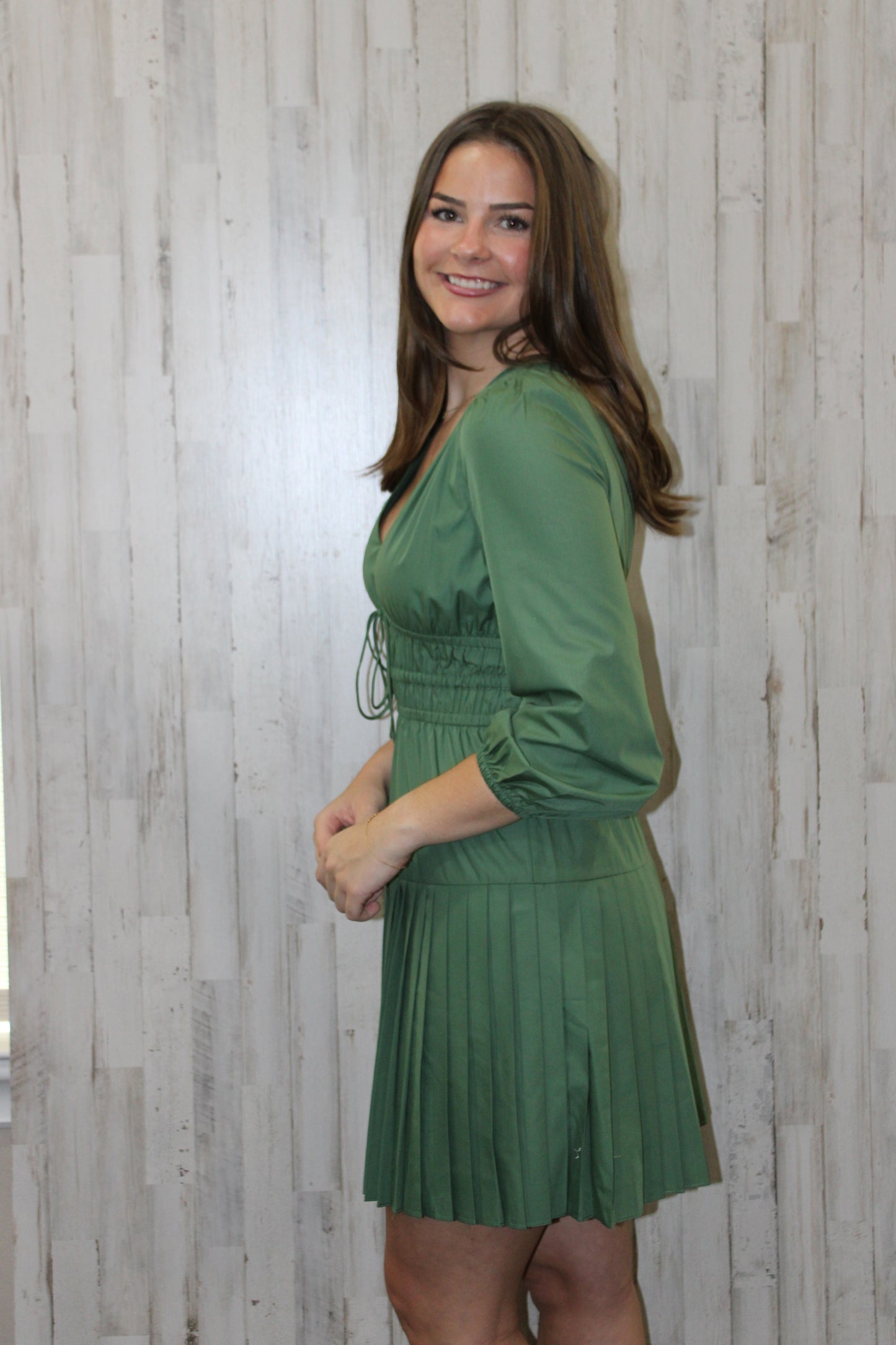 V-Neck Gathered Waist Mini Dress: Dusty Green