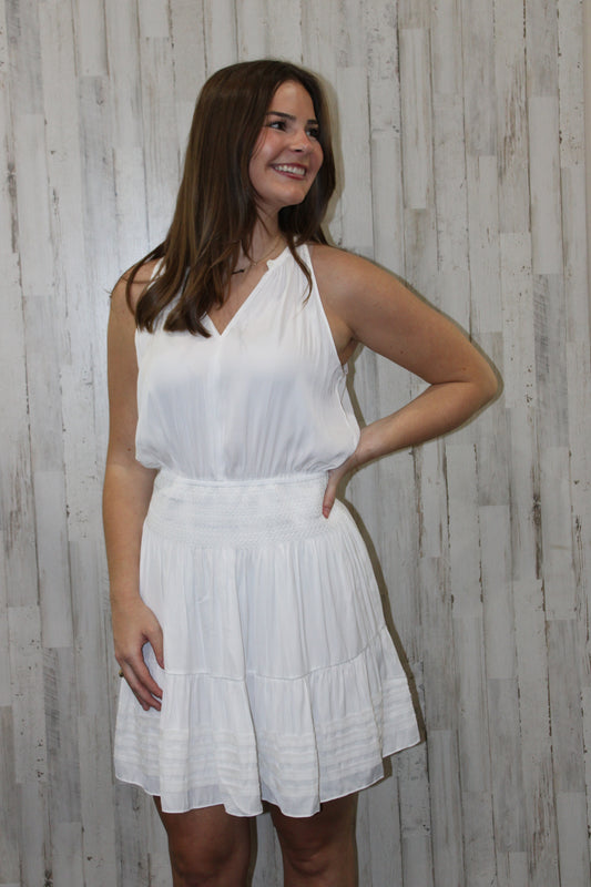 Halter Neck Smocked Waist Mini Dress: White