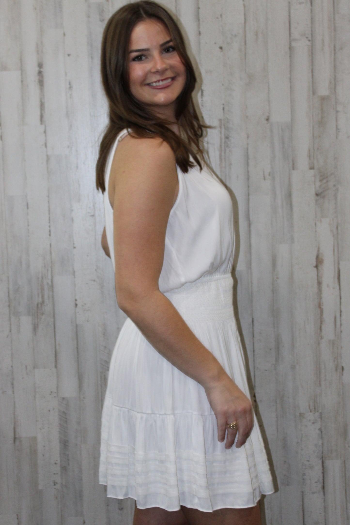 Halter Neck Smocked Waist Mini Dress: White