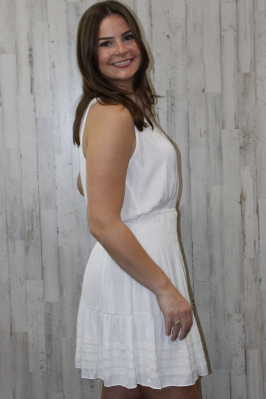 Halter Neck Smocked Waist Mini Dress: White