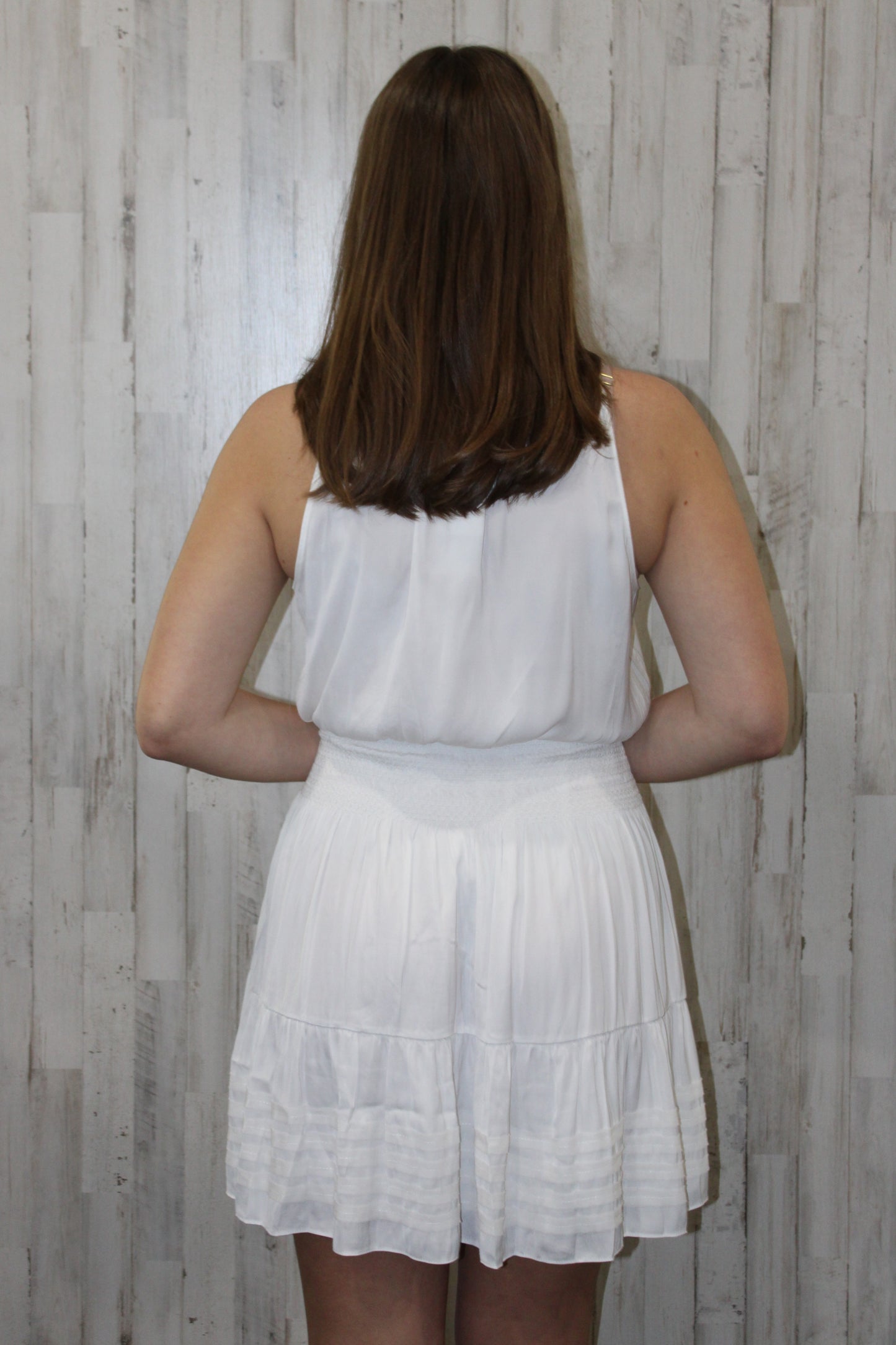 Halter Neck Smocked Waist Mini Dress: White