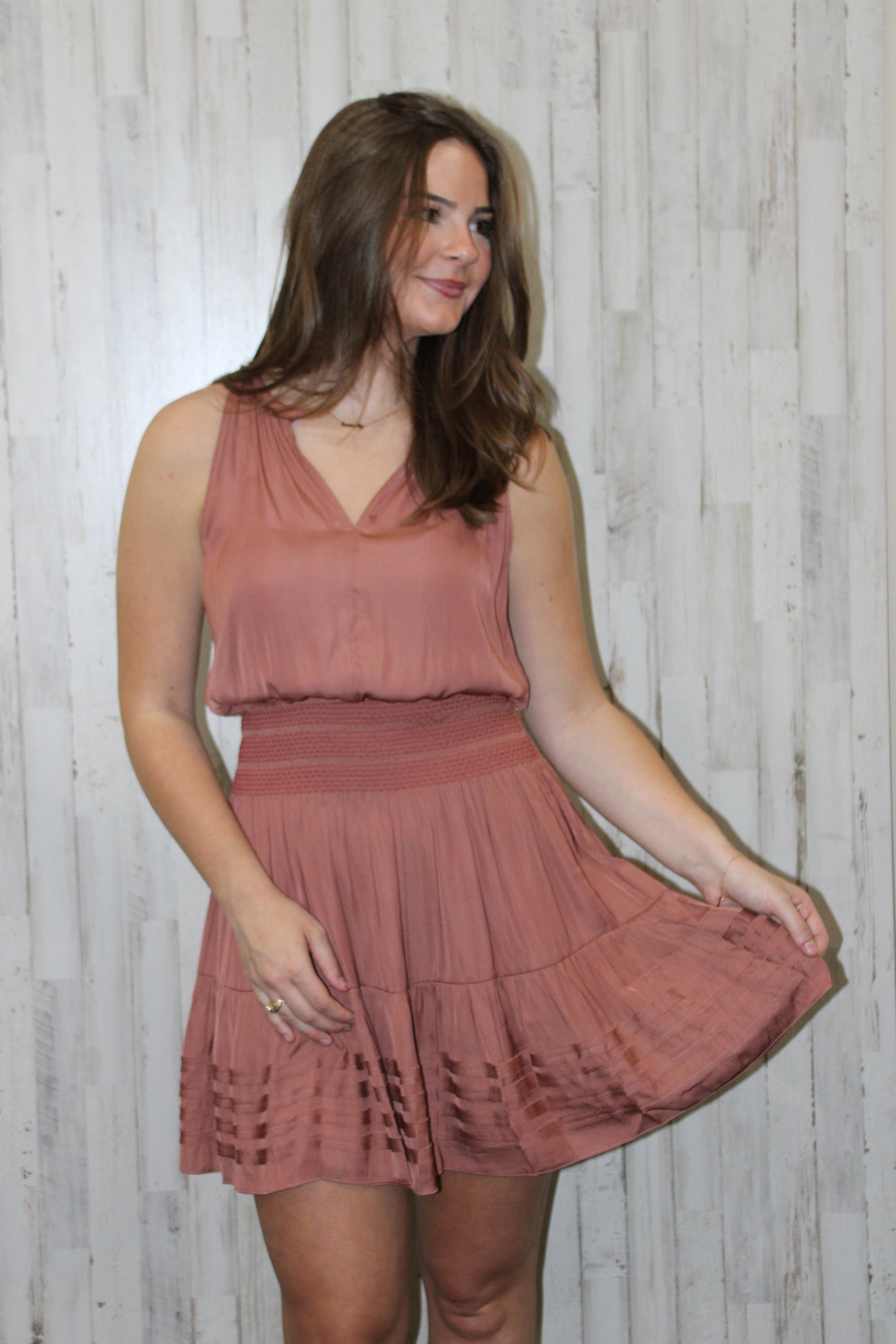 Halter Neck Smocked Waist Mini Dress in Clay