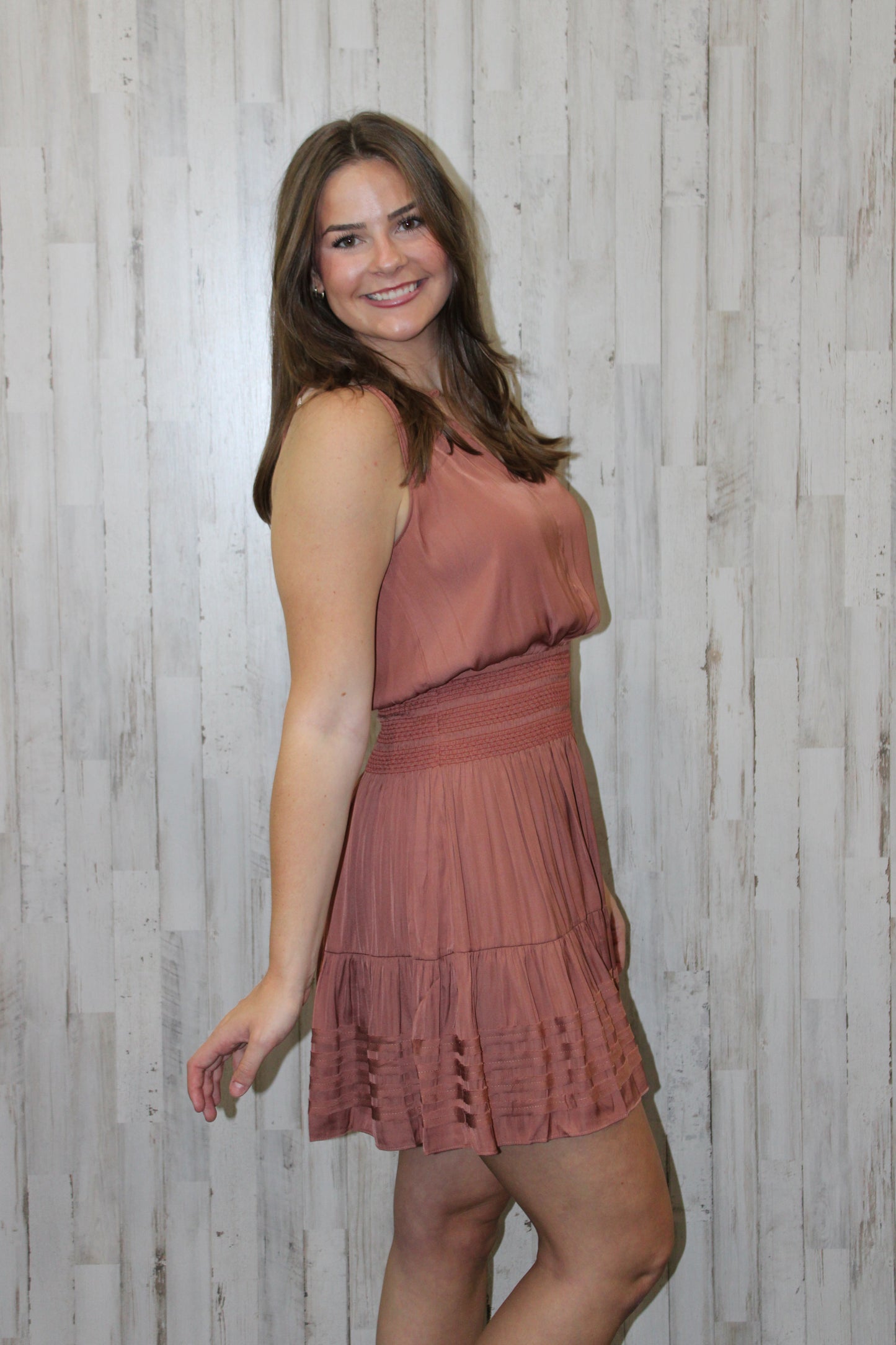 Halter Neck Smocked Waist Mini Dress in Clay