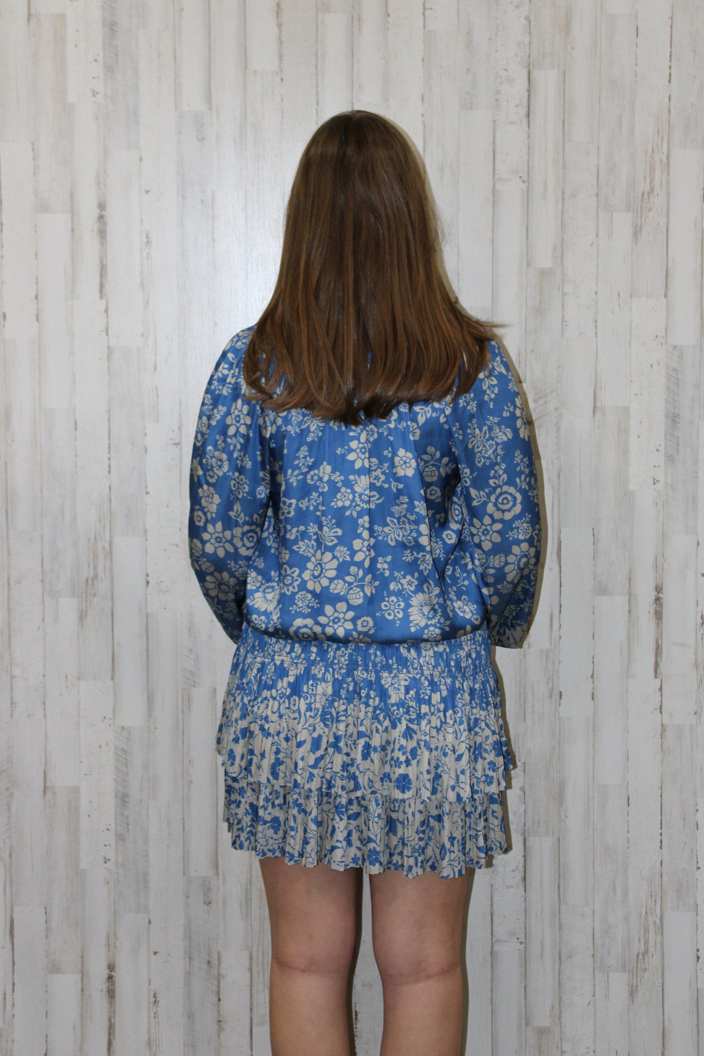 Floral Printed Pleated Mini Dress: Blue Taupe
