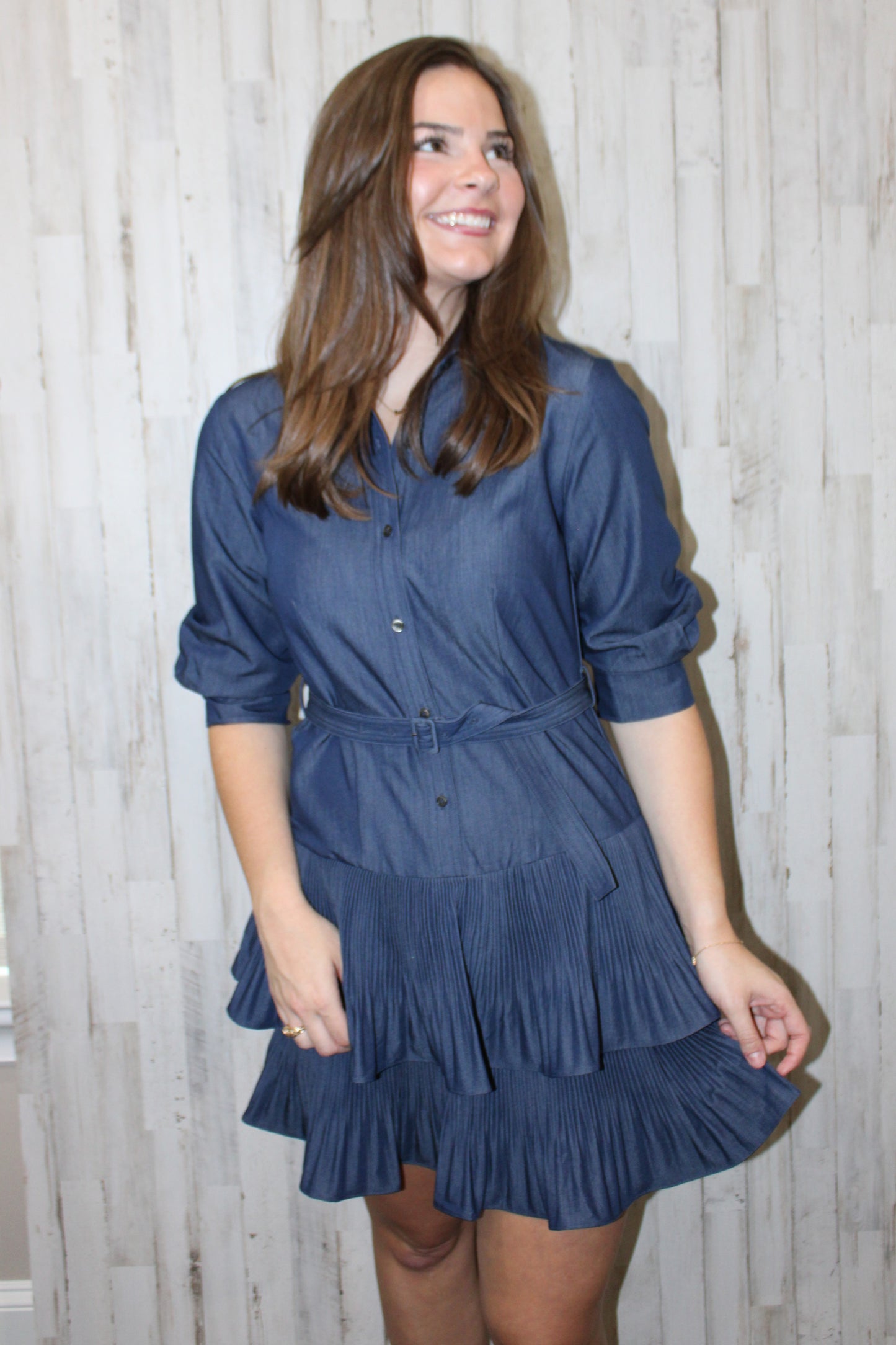 Denim Tiered Mini Shirt Dress: Denim