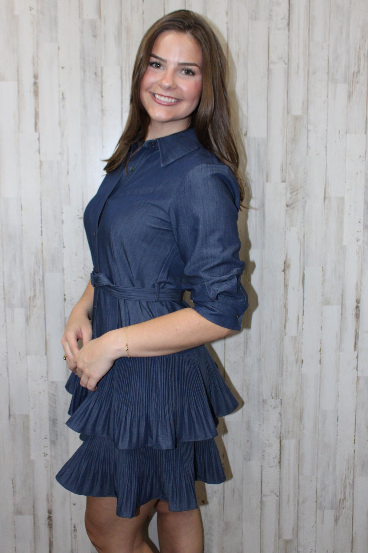 Denim Tiered Mini Shirt Dress: Denim