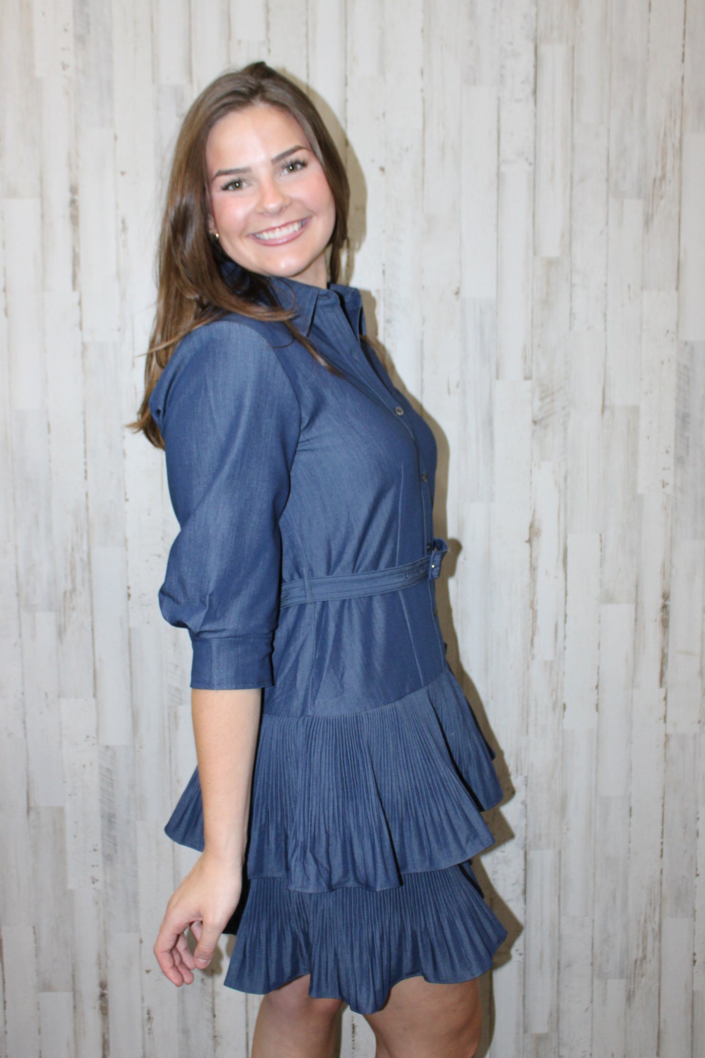 Denim Tiered Mini Shirt Dress: Denim