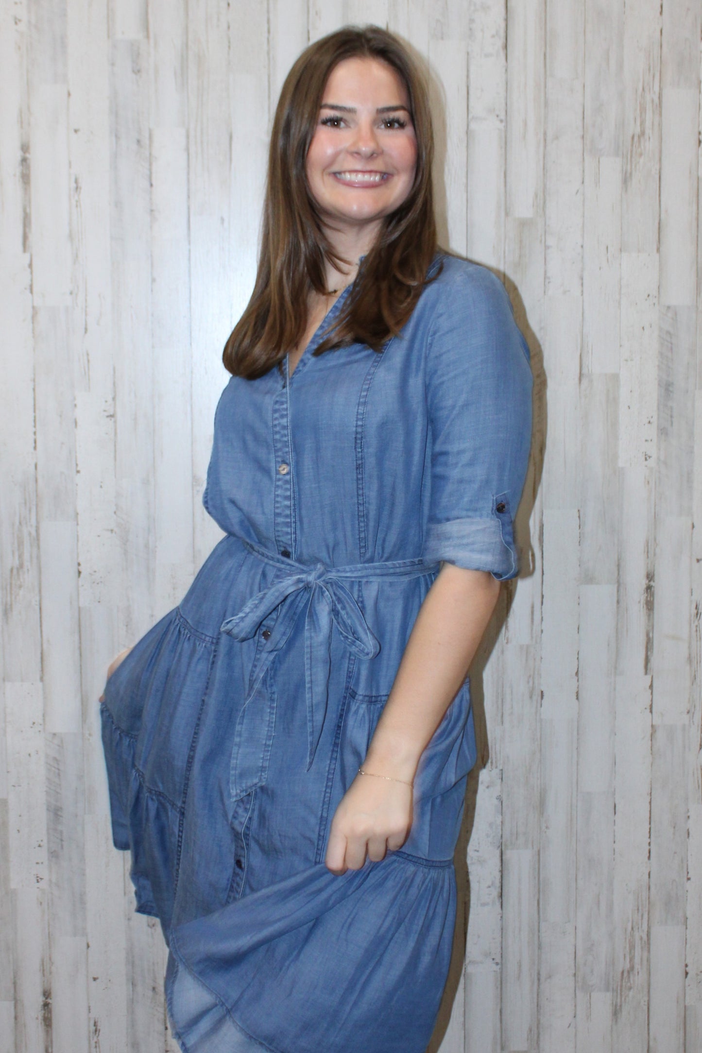 Chambray Button-Down Midi Dress: Chambray