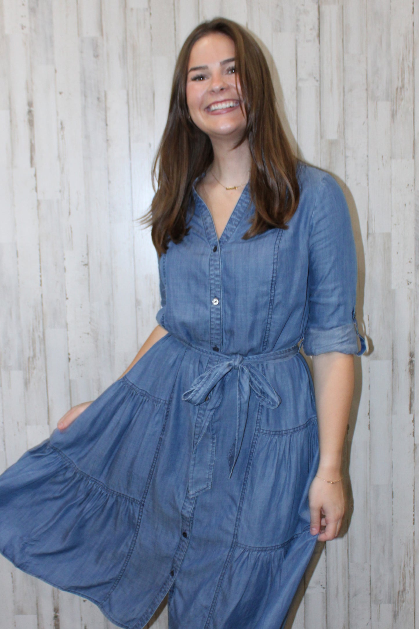 Chambray Button-Down Midi Dress: Chambray