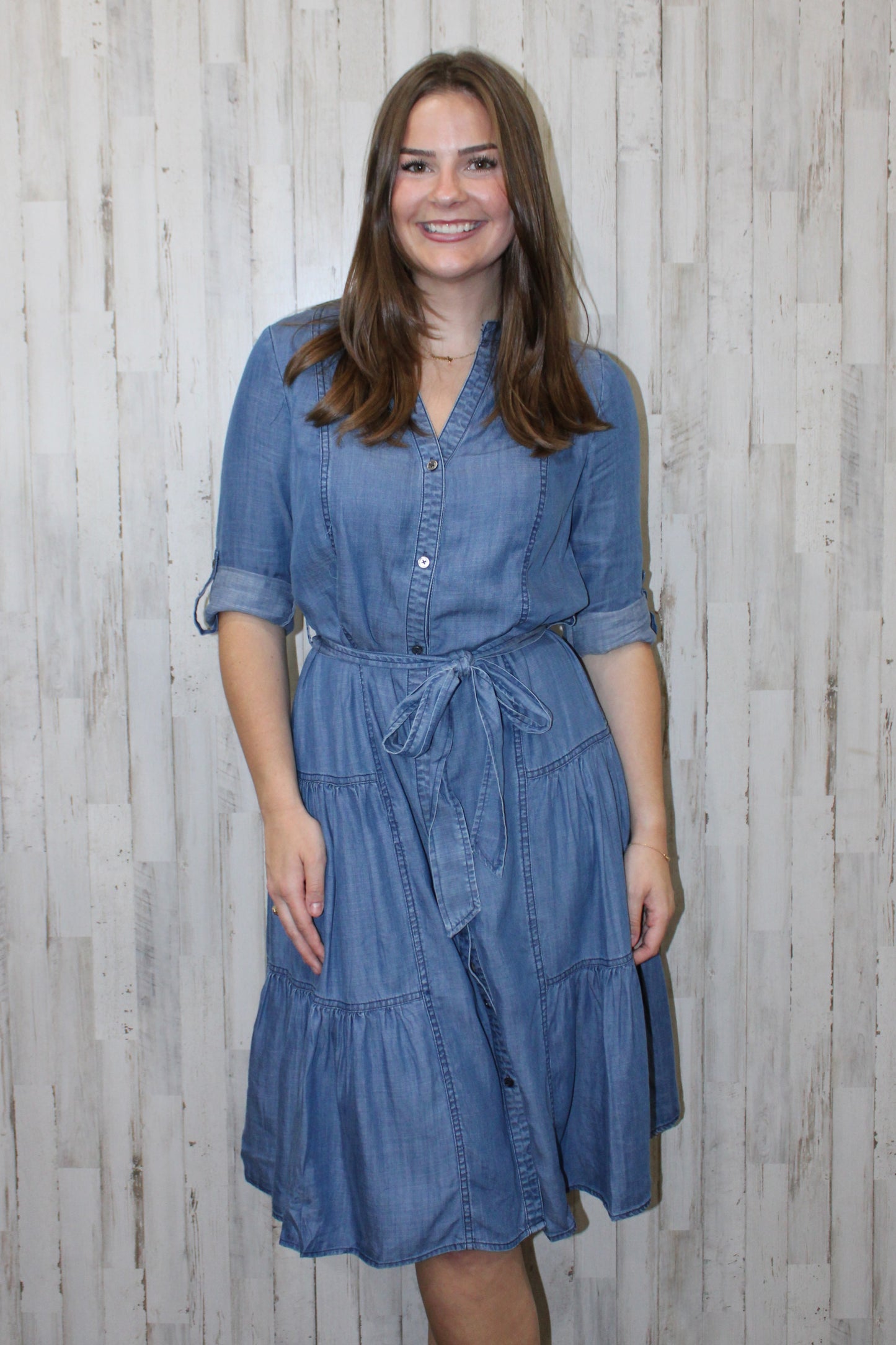 Chambray Button-Down Midi Dress: Chambray