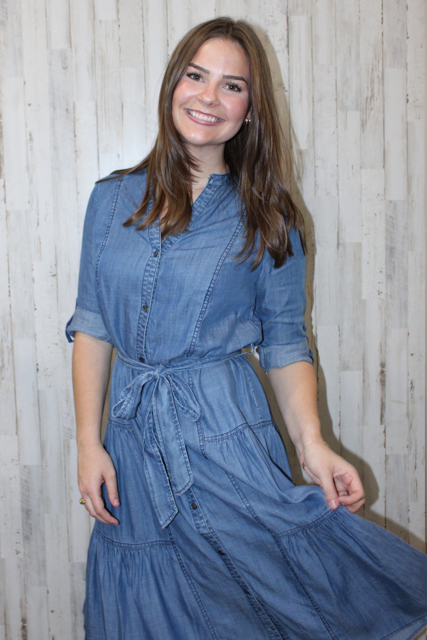 Chambray Button-Down Midi Dress: Chambray