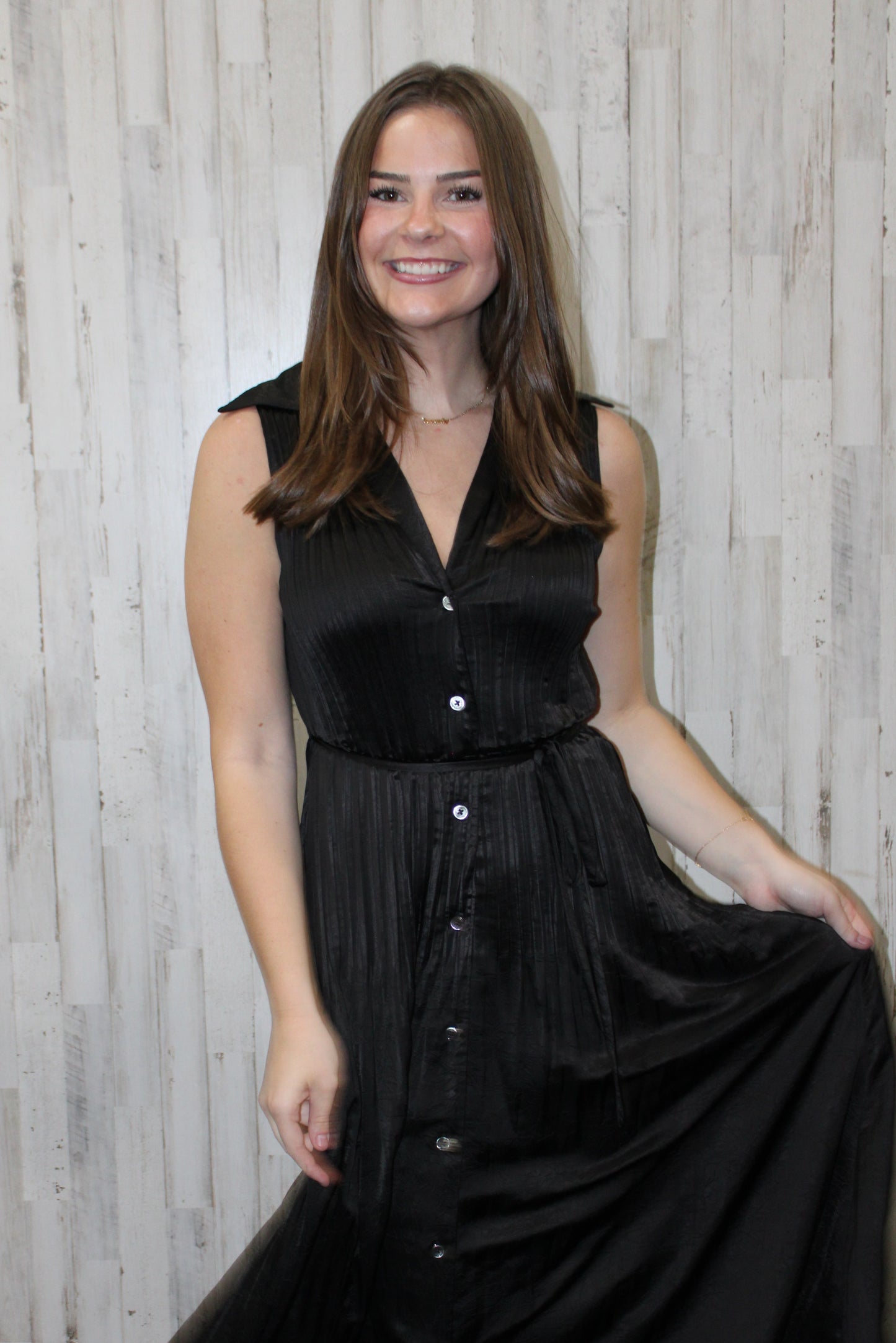 Sleeveless Button Down Pleated Shirts Dress