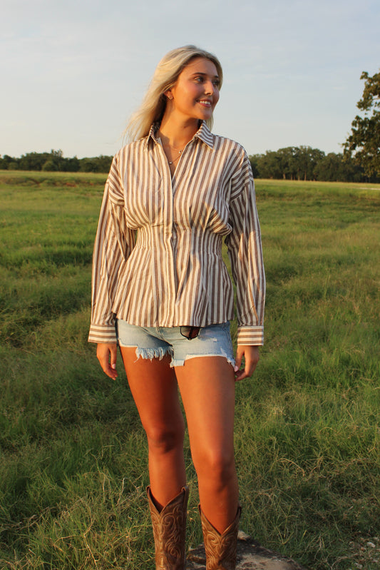 Kate Long Sleeve Stripe Button Down Top