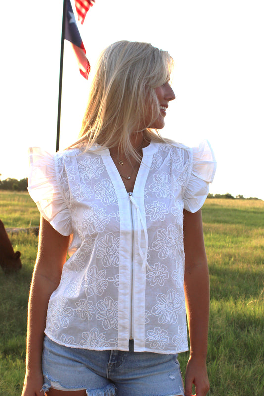 Belle Ruffle Sleeve Embroidered Top