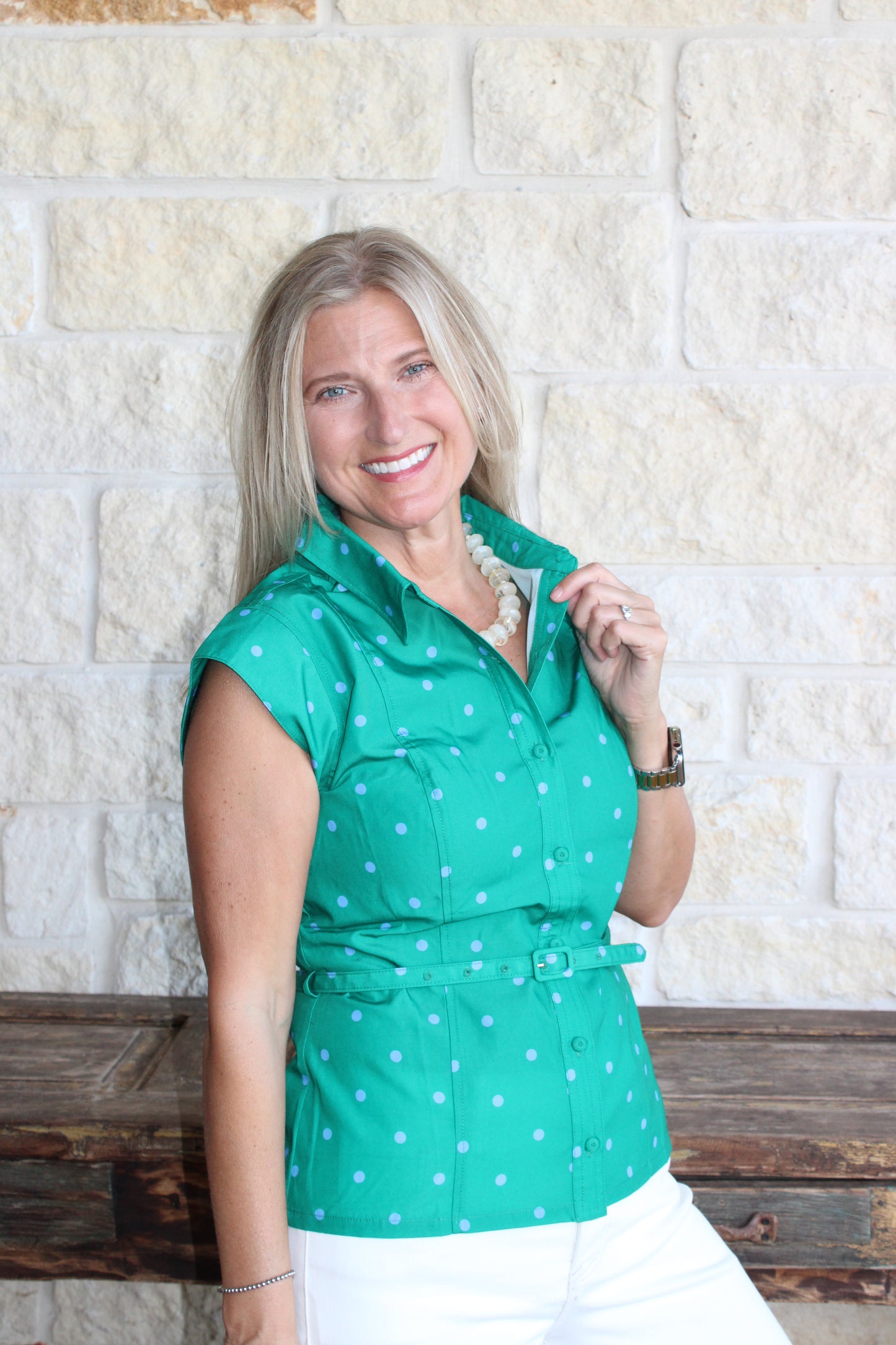 Polka Dot Belted Shirt Blouse