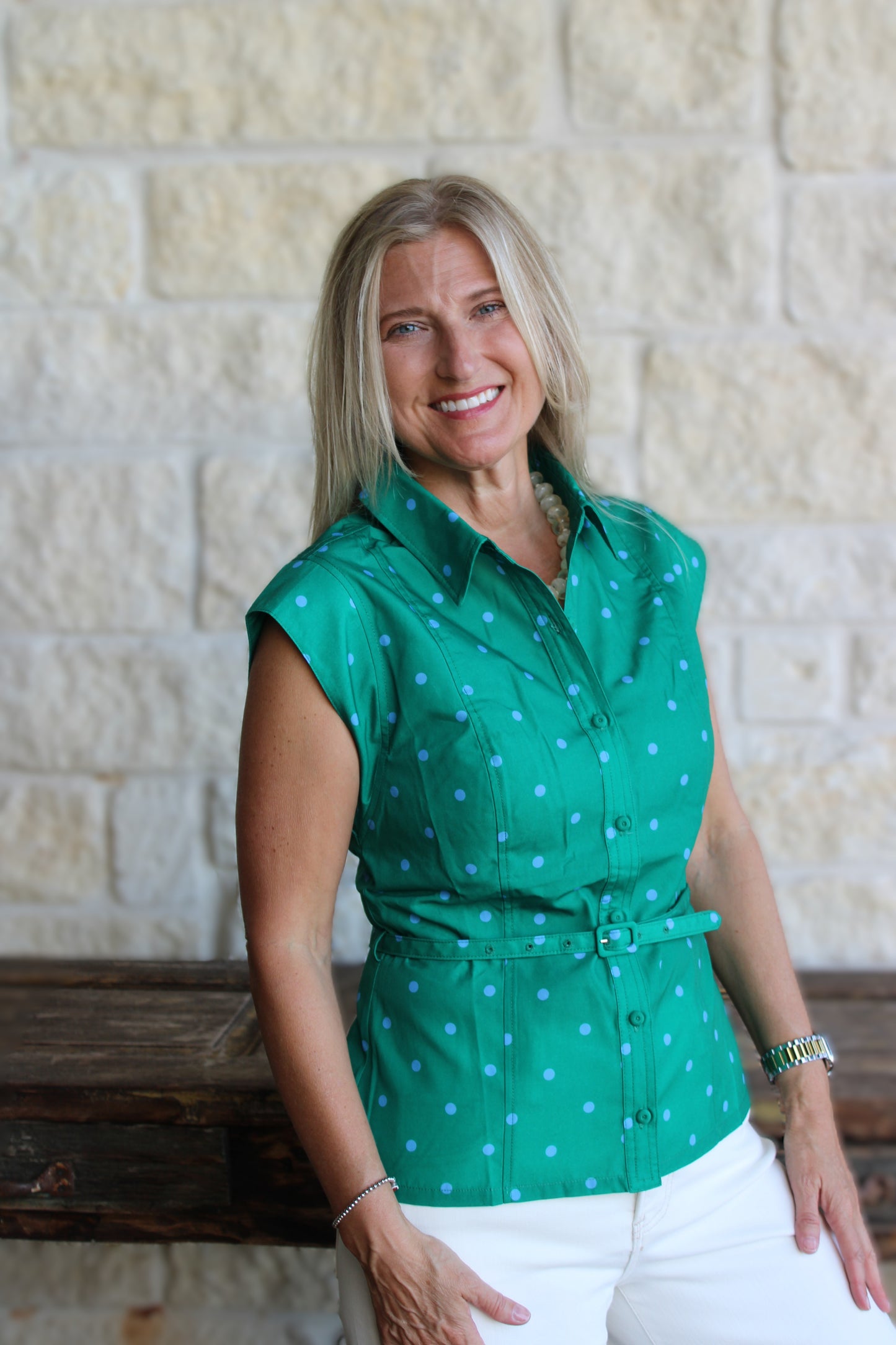 Polka Dot Belted Shirt Blouse