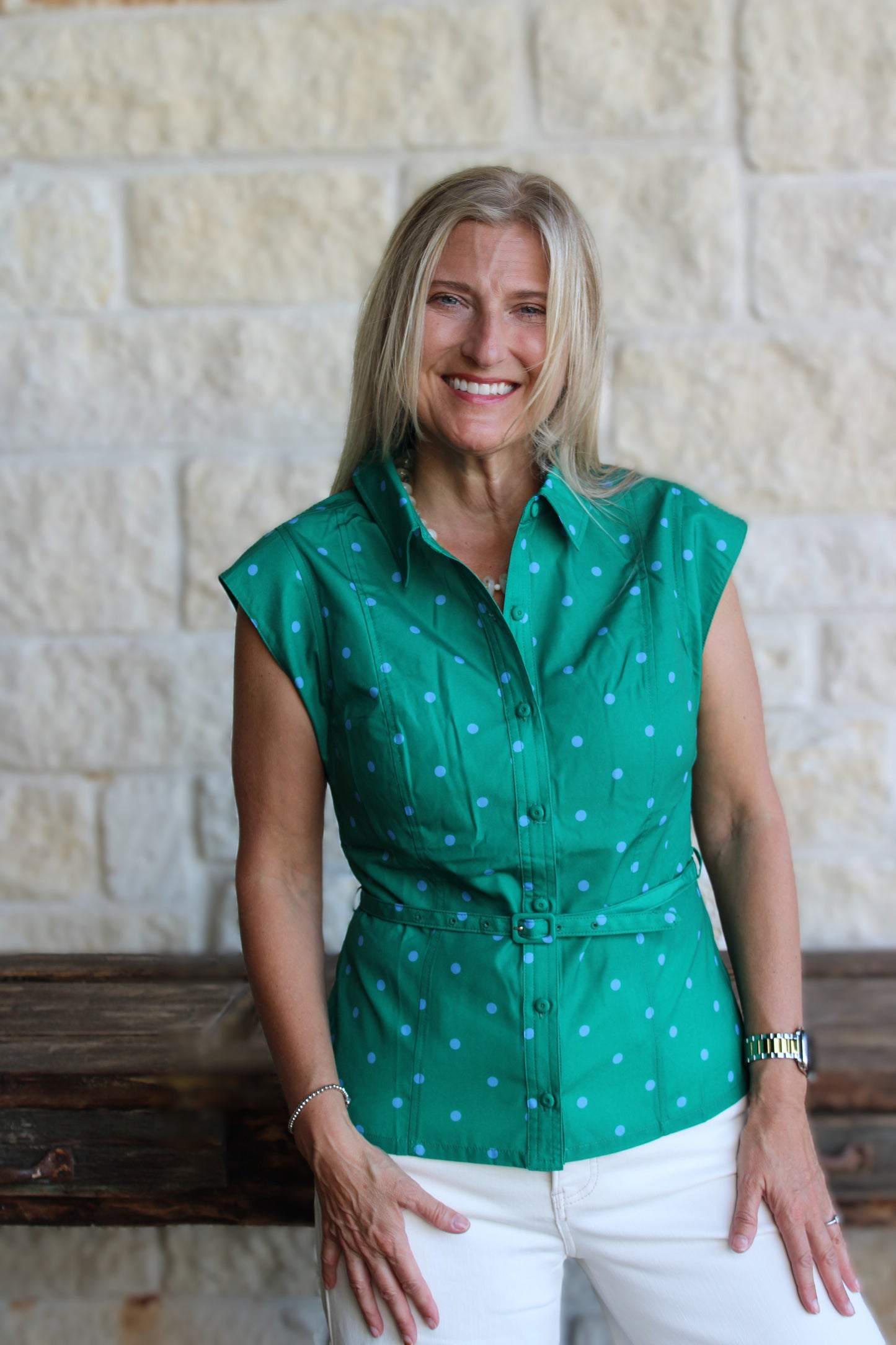 Polka Dot Belted Shirt Blouse