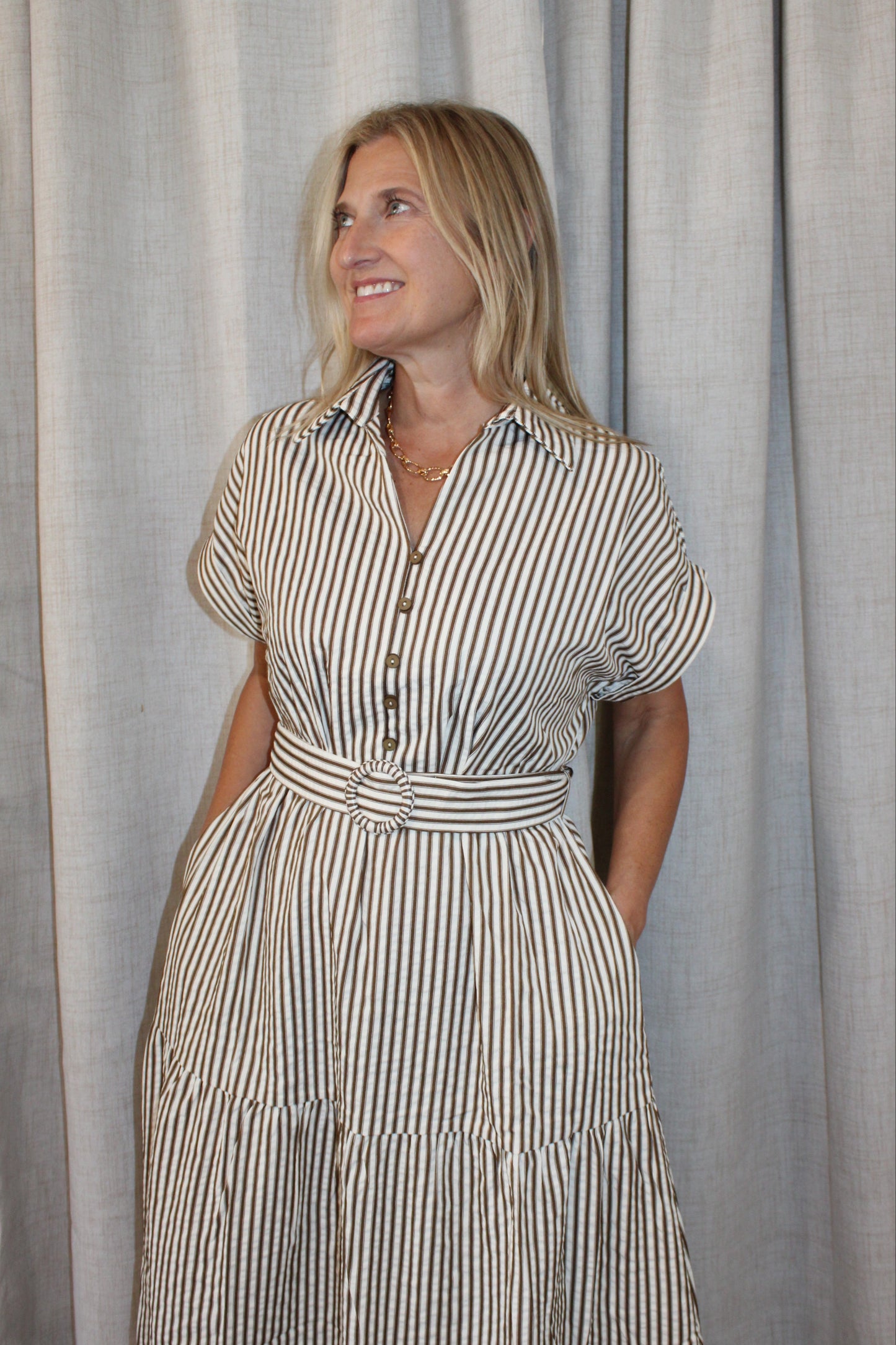 Louise Belted Striped Midi Dress in Mocha
