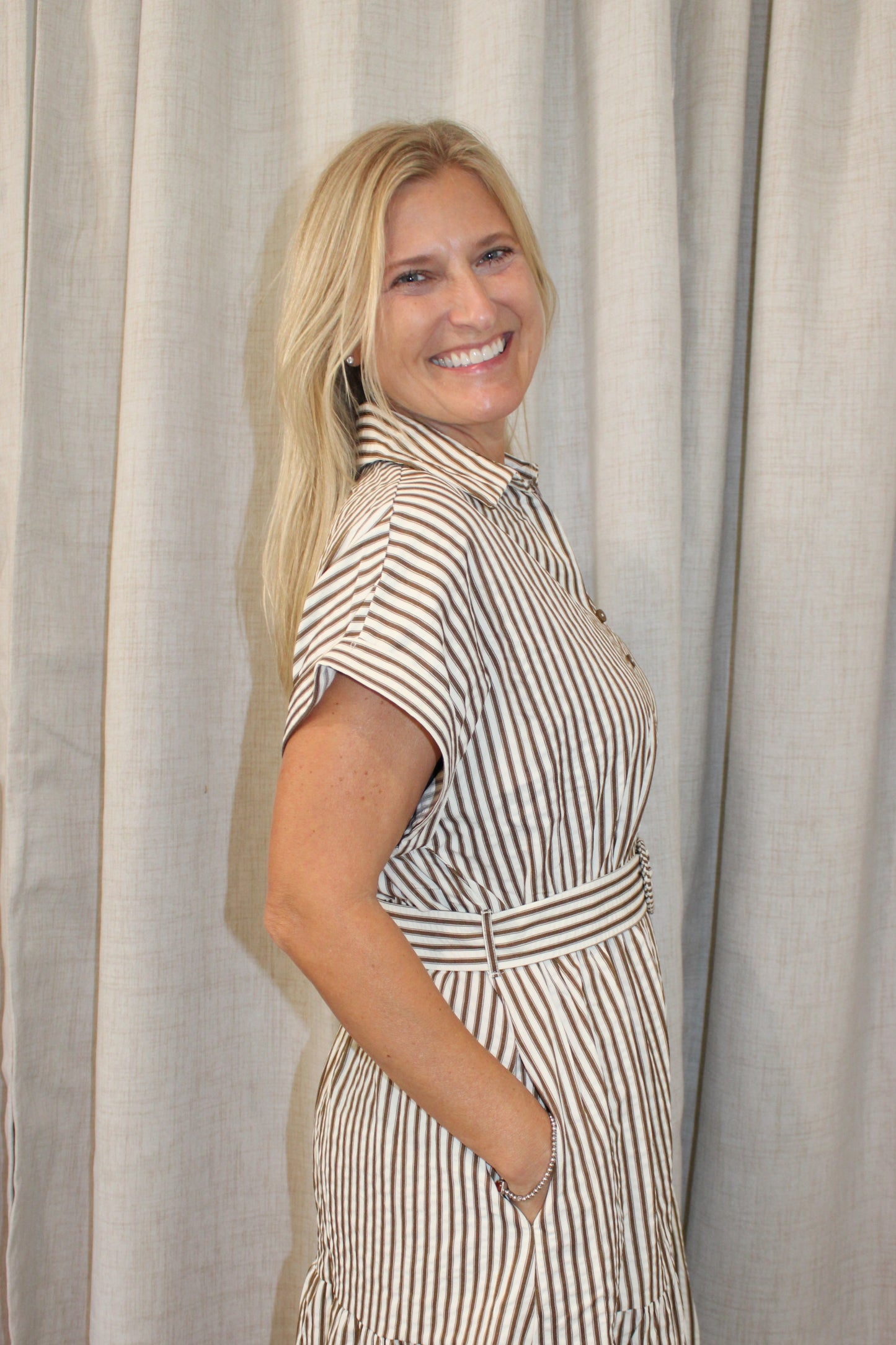 Louise Belted Striped Midi Dress in Mocha