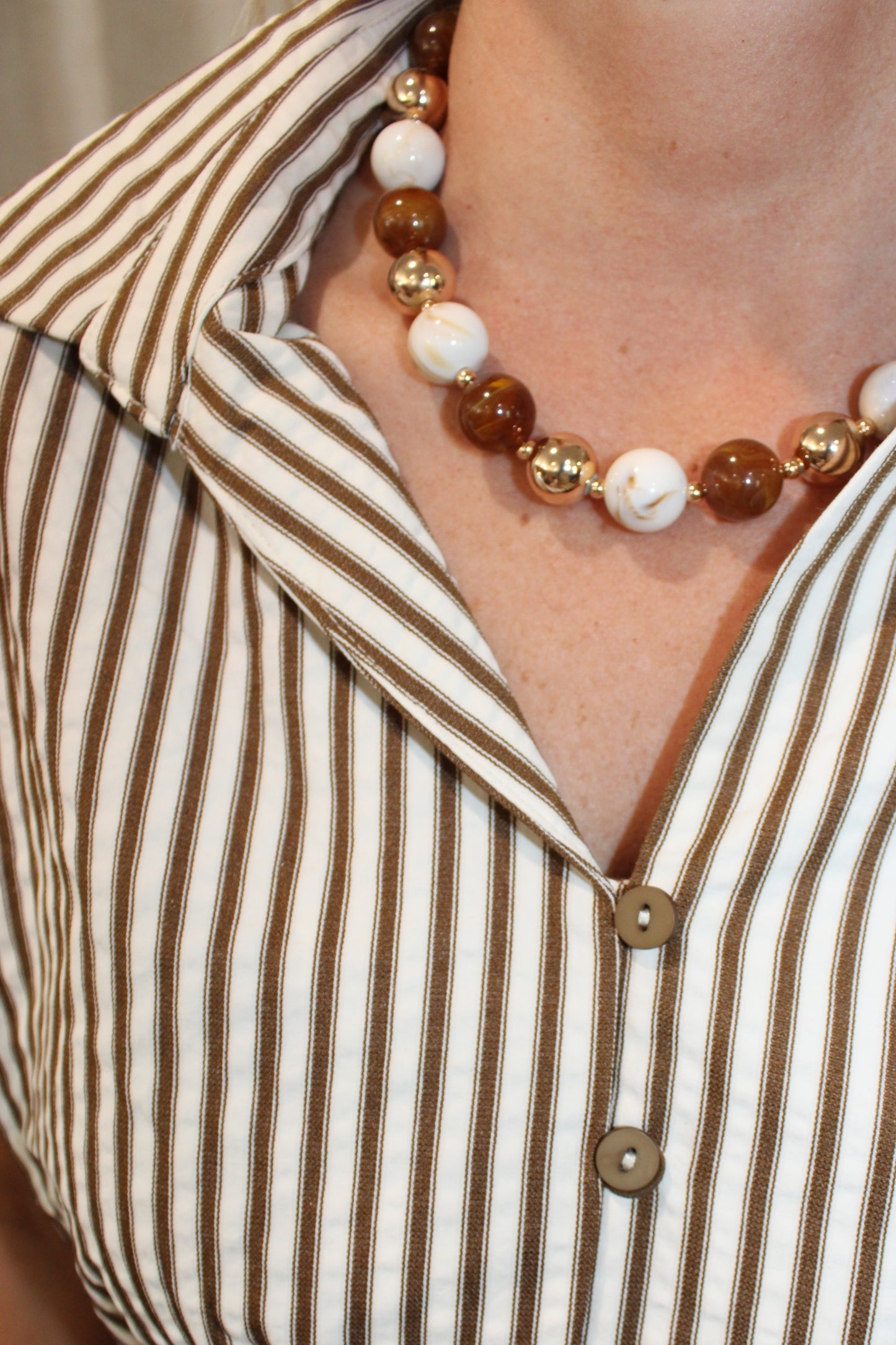Brown & Cream Ball Bead Necklace