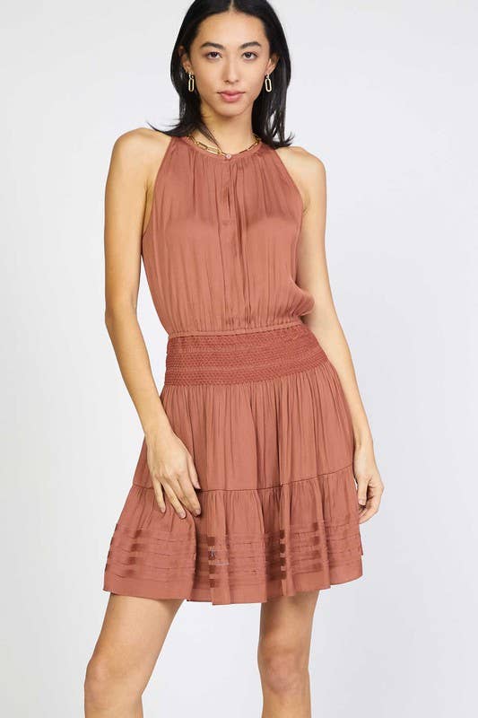 Halter Neck Smocked Waist Mini Dress in Clay