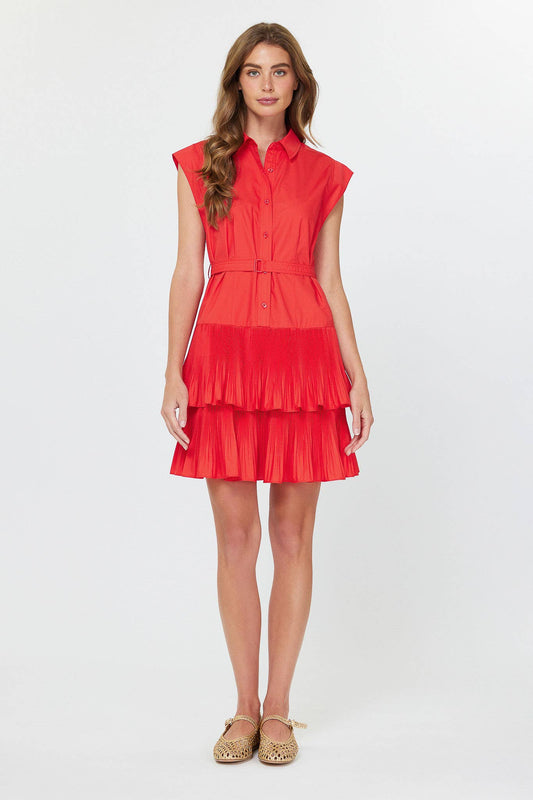 Button Down Tiered Mini Dress W/self Belt
