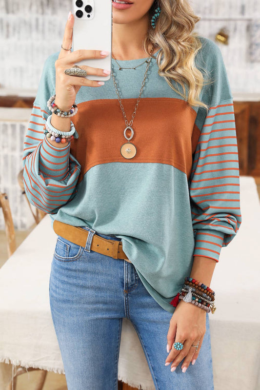 Colorblock Striped Bishop Sleeve Top - 4 Colors: Green / Missy / M