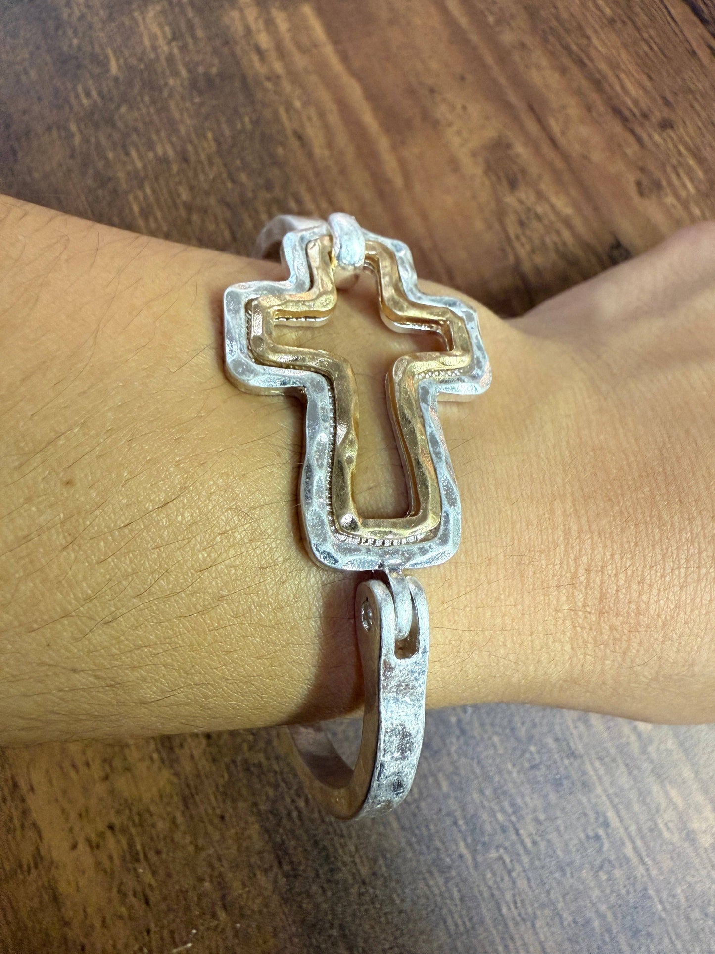 Mixed Metal Cross Cuff Bracelet