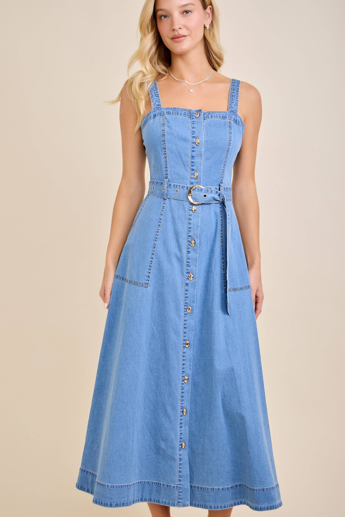 Amber Denim Belted Midi Dress