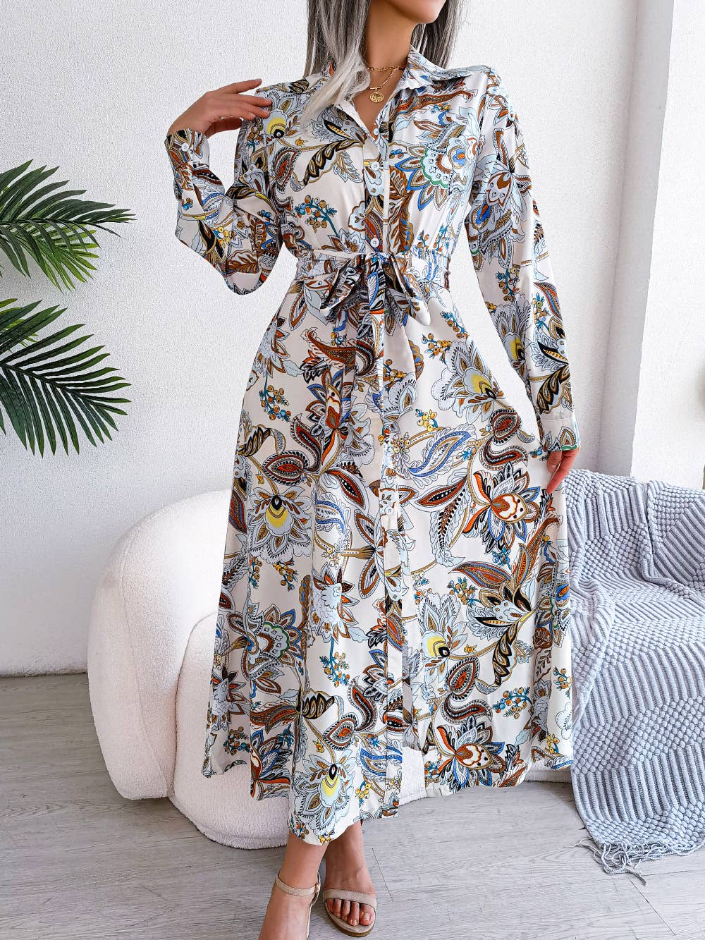 Paisley Print Tie-Waist Midi Shirt Dress